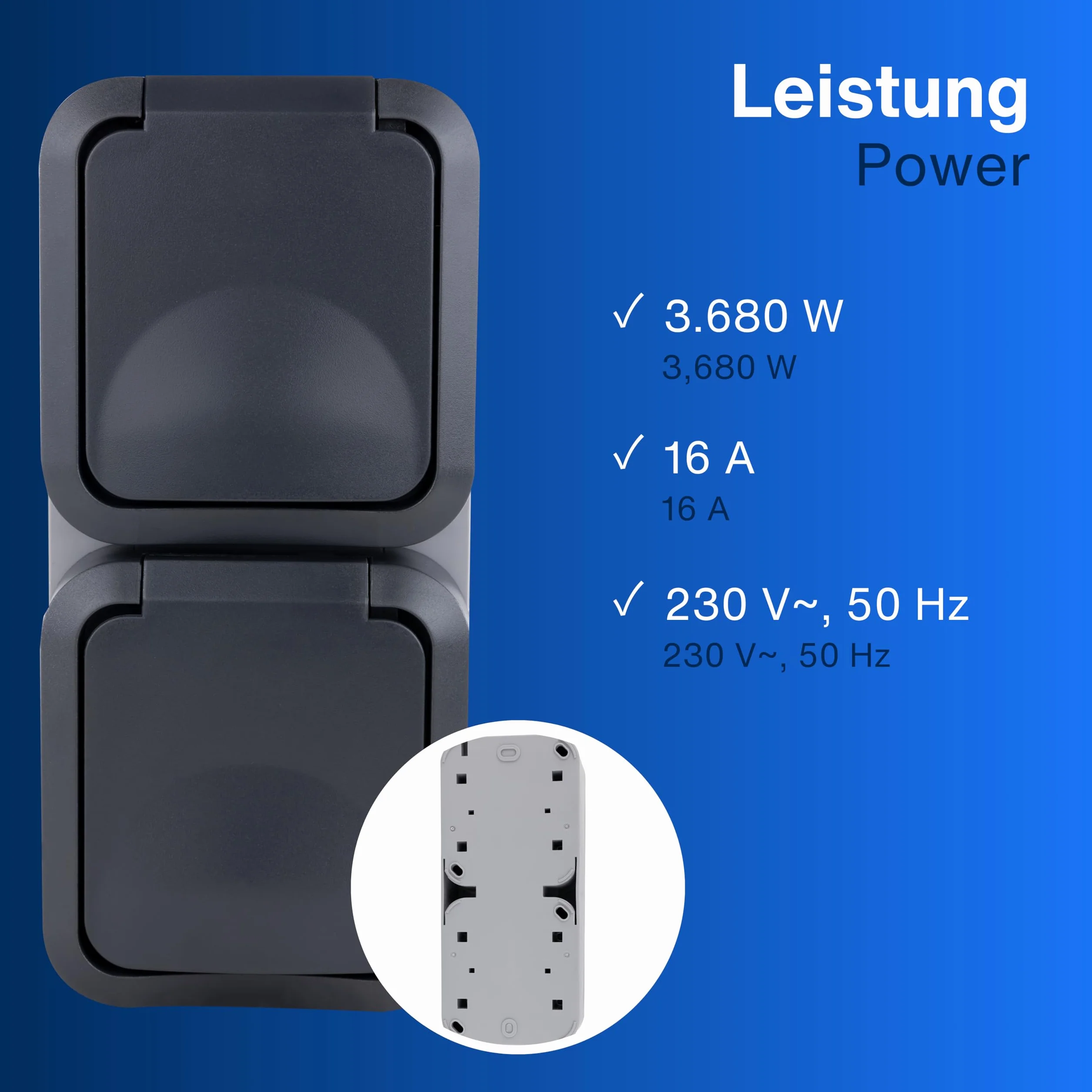 REV - AquaStorm, podwójne gniazdko, gniazdko elektryczne do pomieszczeń wilgotnych IP55, dwubiegunowe, natynkowe pionowe, 230 V, 16 A, antracyt