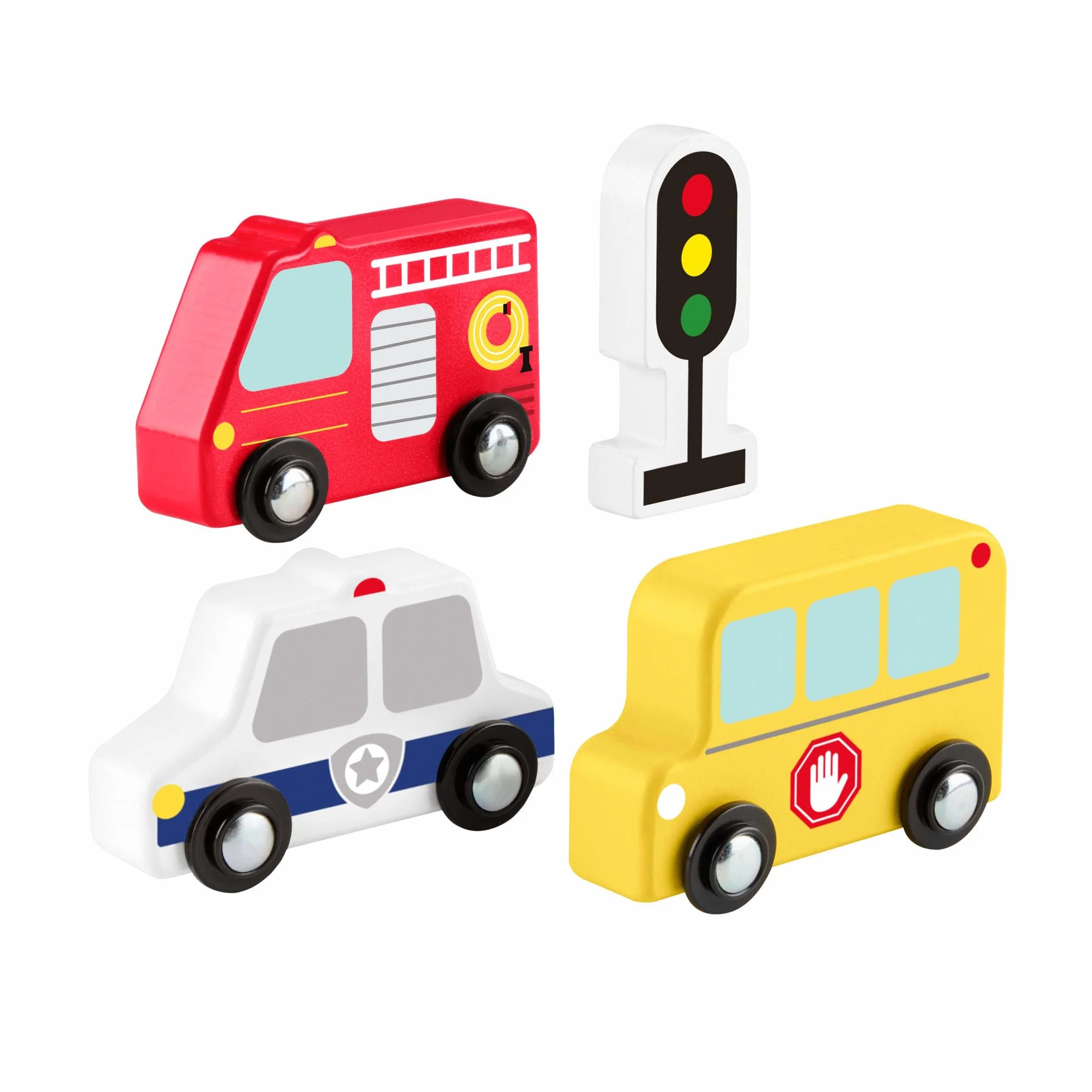 Fisher-Price Drewniane samochody Zestaw 3 pojazdów do zabawy: wóz strażacki, autobus i radiowóz + sygnalizator, drewniane zabawki dla dzieci od 2 roku życia, JCY32