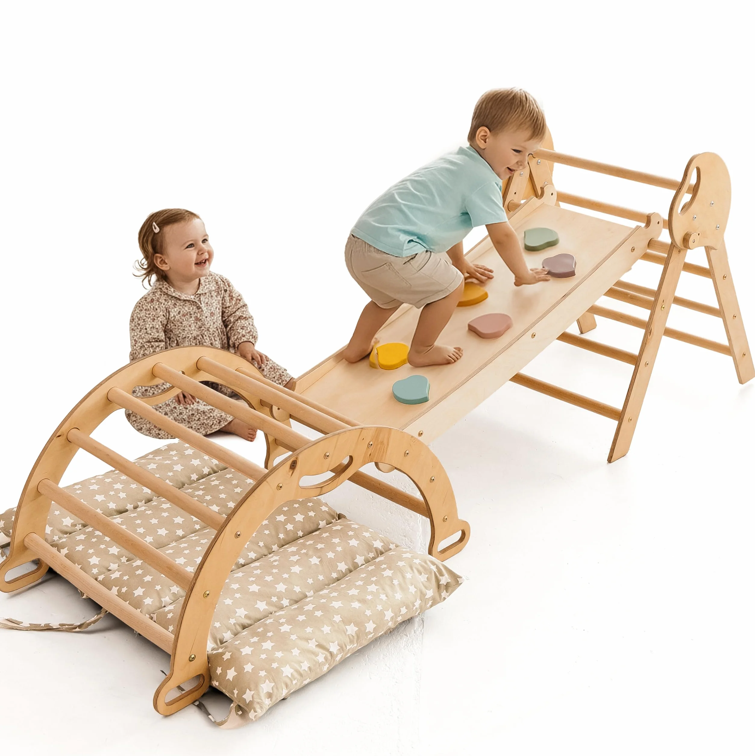 Goodevas Montessori zestaw rusztowań wspinaczkowych 5 w 1: do wnętrz, trójkąt wspinaczkowy, łuk wspinaczkowy z poduszką i zjeżdżalnią dla dzieci, plac zabaw dla dzieci w wieku 1-3 lat