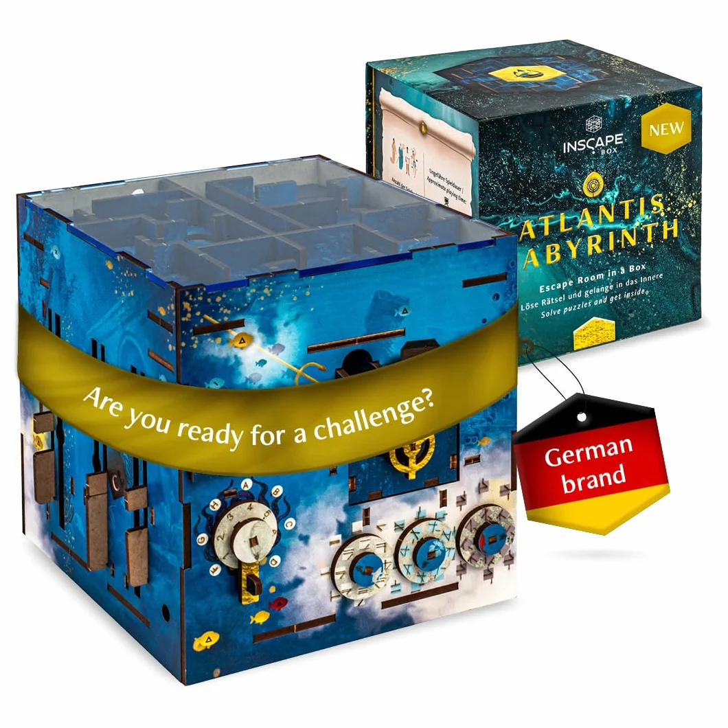 INSCAPE Atlantis Labirynt - Cluebox - Pudełko z Zagadkami - Puzzle Box - Gra Escape Room dla Dorosłych i Dzieci - Gry Logiczne - 3D Puzzle z Drewna - Gry Myślenia - Pudełko na Prezent
