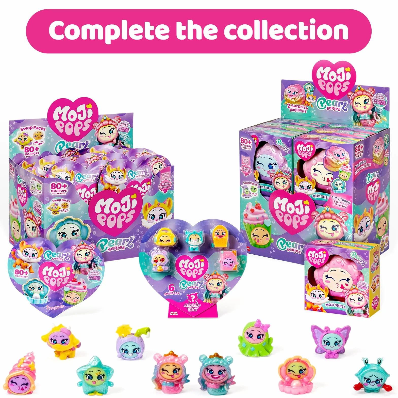 MOJI POPS Pearl Series - One Pack. Pudełko z 24 kopertami niespodzianek z figurkami kolekcjonerskimi z dwustronnymi buźkami. Każda koperta zawiera 1 niespodziankę Mojipop i 1 listę kontrolną