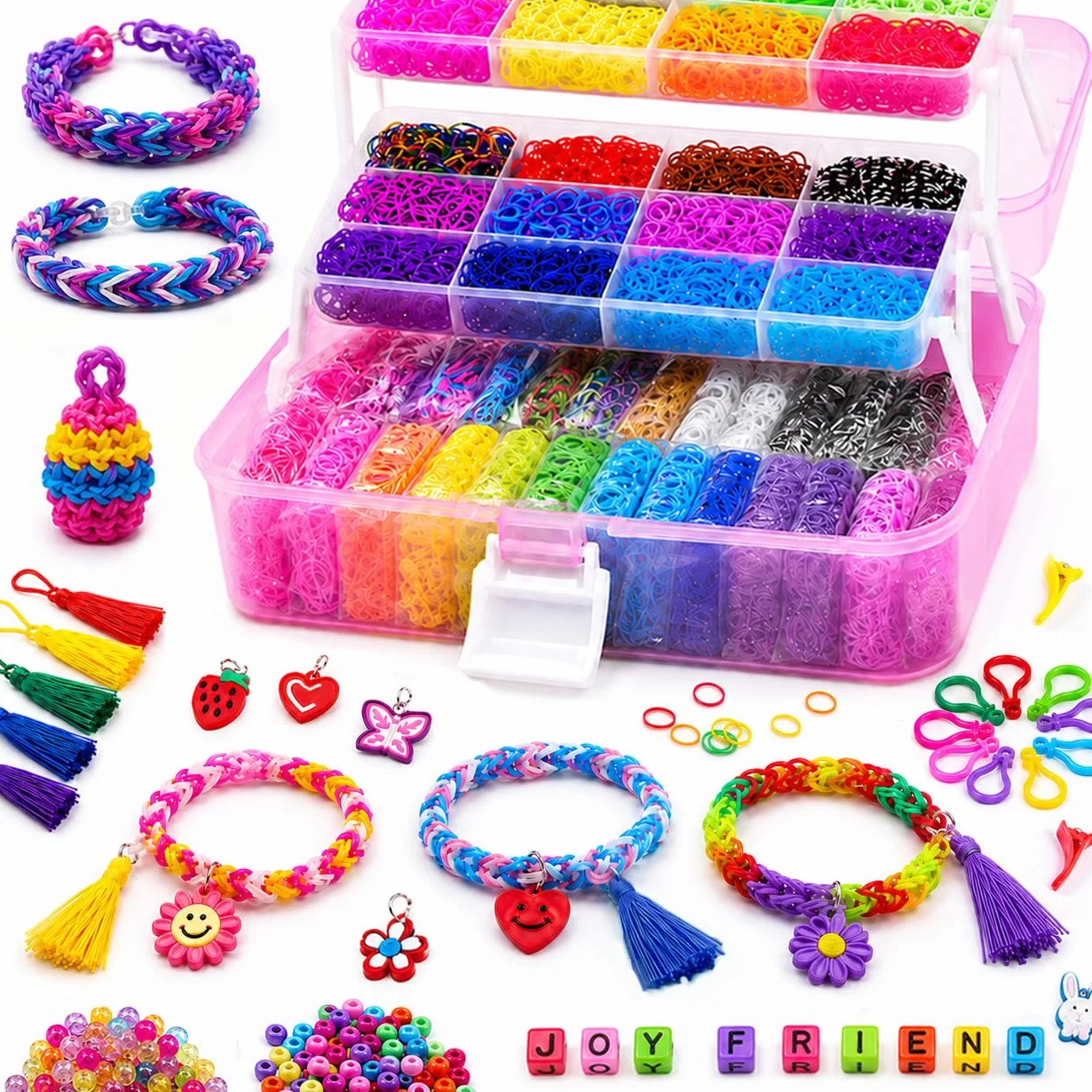FunzBo Zestaw 15000+ Loom Band, 28 kolorów, zestaw do tworzenia gumowych bransoletek, dla dzieci, dziewcząt, do tworzenia elastycznych bransoletek, rękodzieło, urodziny, prezenty świąteczne dla