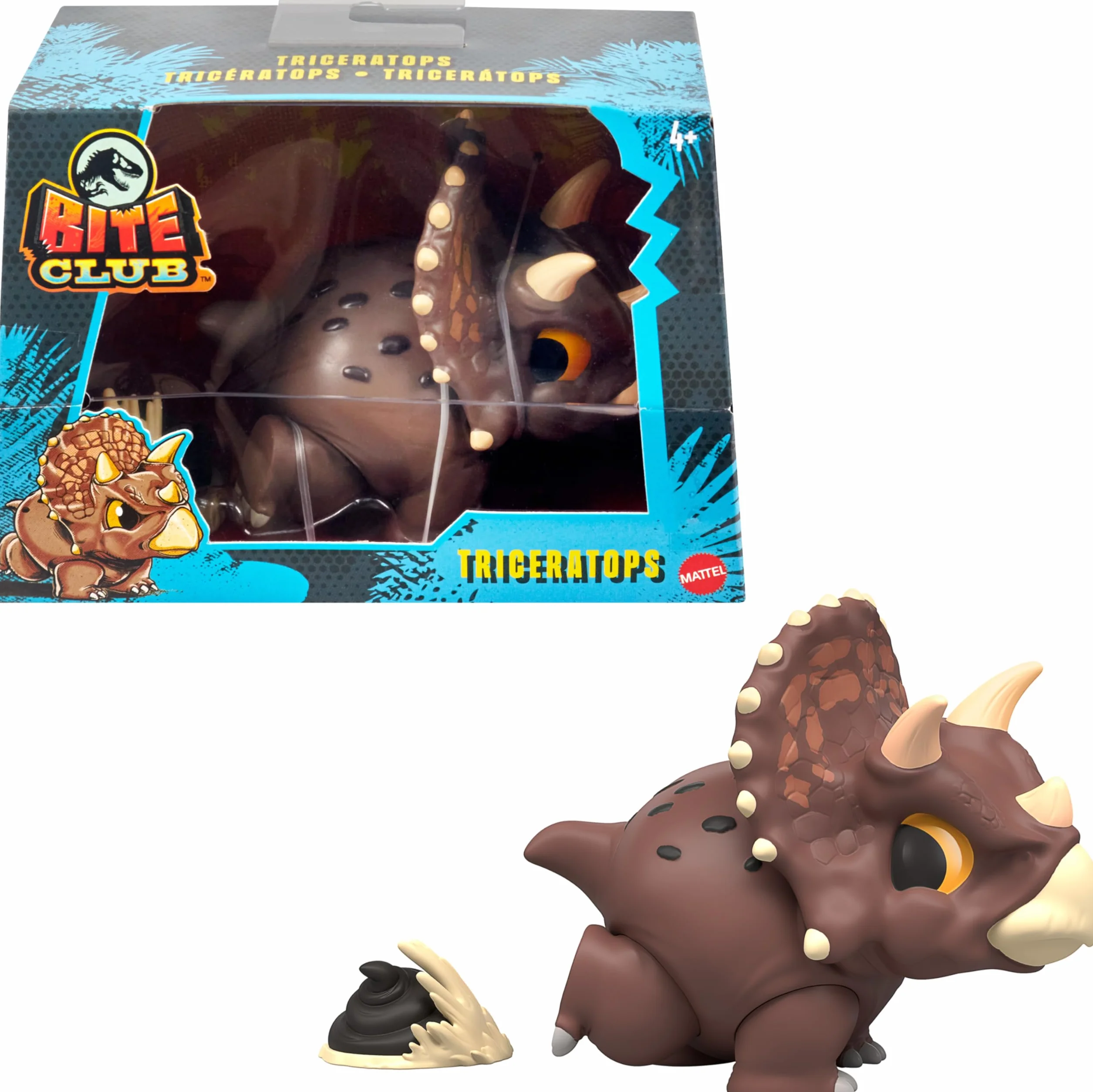 Mattel Jurassic World Bite Club figurka kolekcjonerska, stylizowany dinozaur triceratops chubby około 10,2 cm z akcesoriami, HVB39