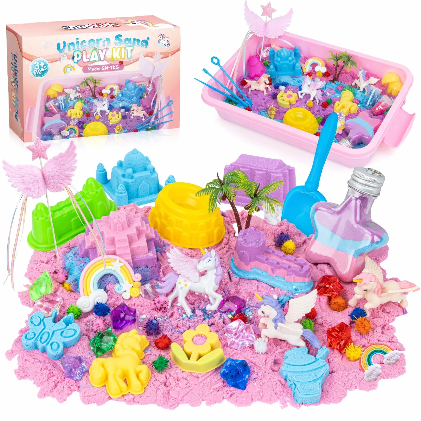 snookids Kolorowy magiczny piasek z naturalnego wosku pszczelego dla dzieci 690 g, zestaw piaskowy z 24 foremkami, 3 jednorożce, pudełko do przechowywania, sensoryczna zabawka dla dzieci 3, 4, 5, 6, 7