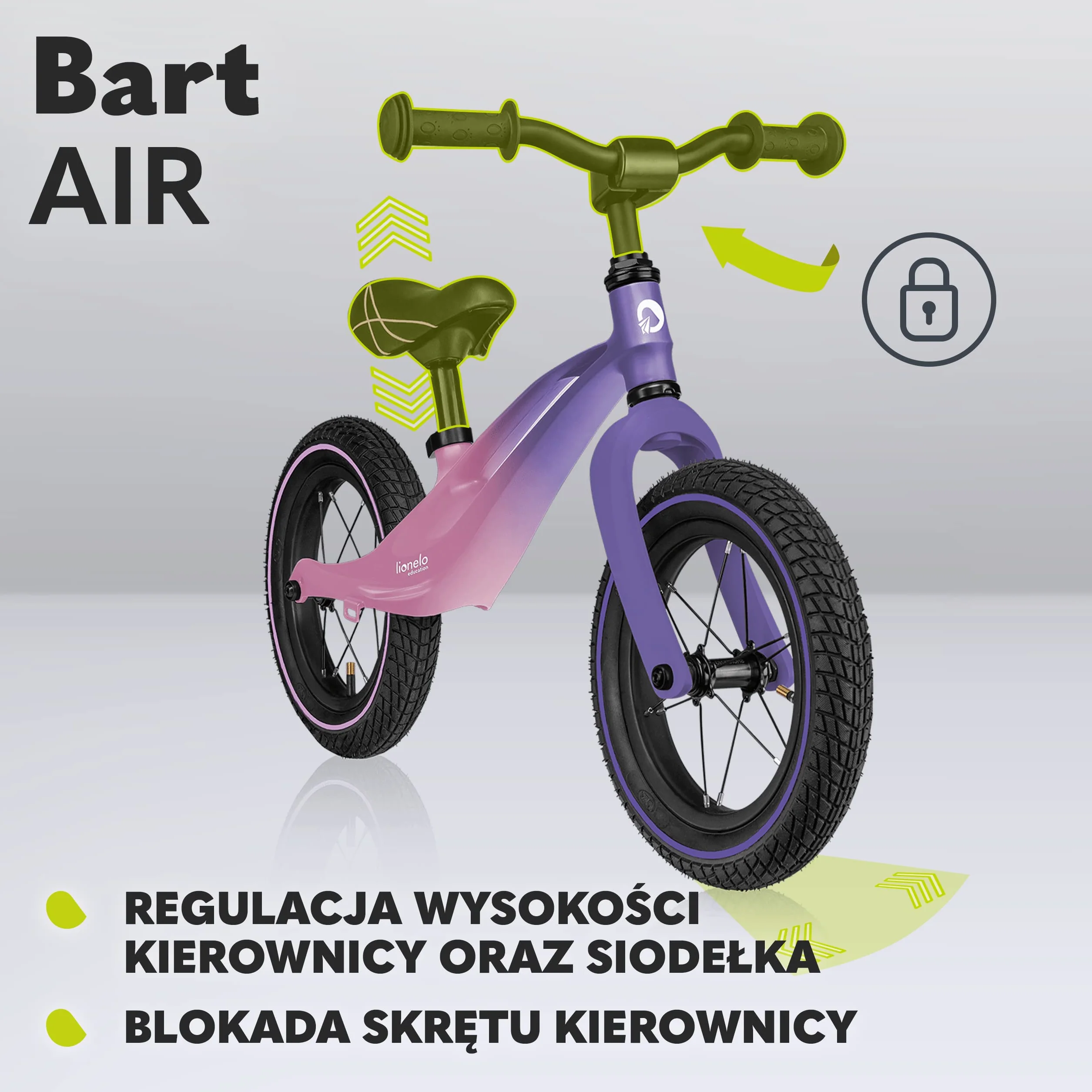 LIONELO Bart Air rowerek biegowy do 30kg, piankowe koła EVA, magnezowa rama, eko-skóra, wyprofilowany podnóżek, antypoślizgowe nakładki, uchwyt do przenoszenia, miękka struktura