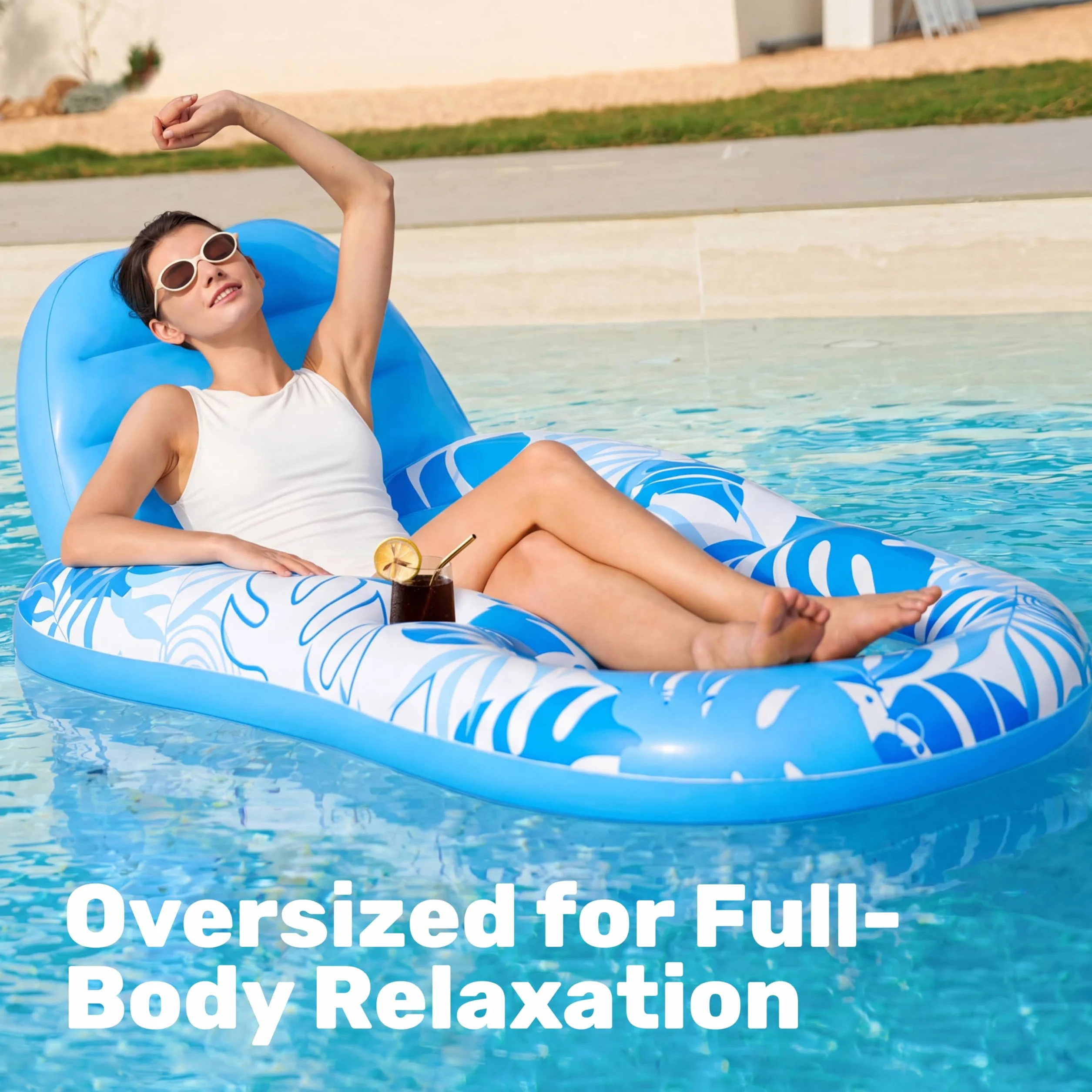Sloosh Basen Lounge Float dla dorosłych, nadmuchiwany basen pływacki leżak pływający leżak pływający krzesło z uchwytami na kubki podnóżek pływak basen pływacki