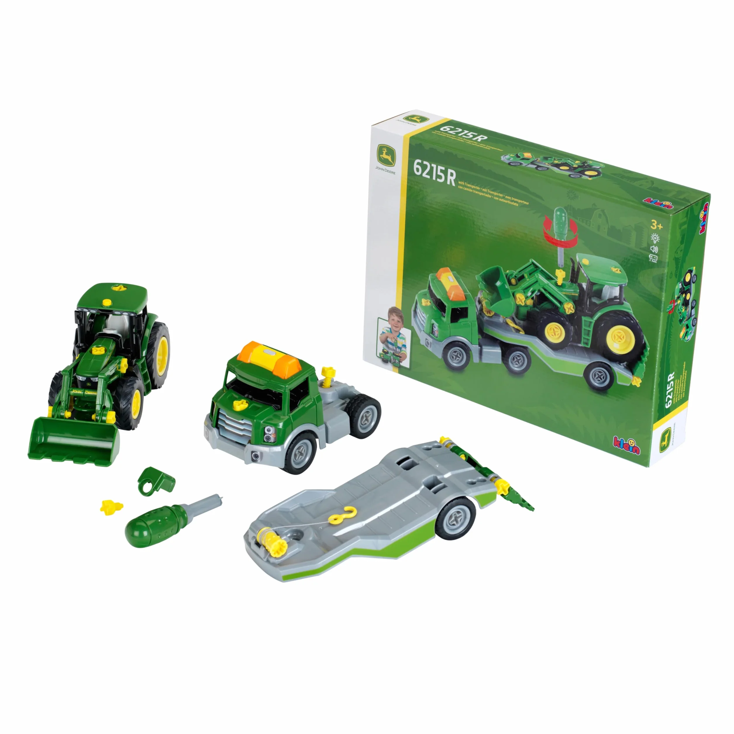Theo Klein 3908 Transporter z traktorem John Deere I Zestaw śrubowy wraz ze śrubokrętem I Zabawki dla dzieci od 3. roku życia
