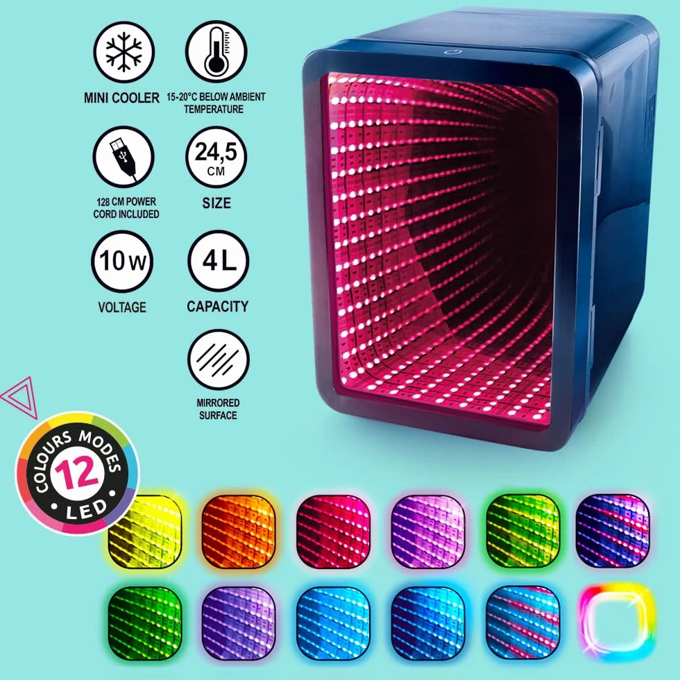 So Chill Mini Lodówka Efekt nieskończoności, gracze, studenci, dom/wycieczki samochodowe/Hangouts + więcej, zasilanie USB, naklejki w zestawie, puszki 4 l/6, lustrzane drzwi z efektem nieskończoności