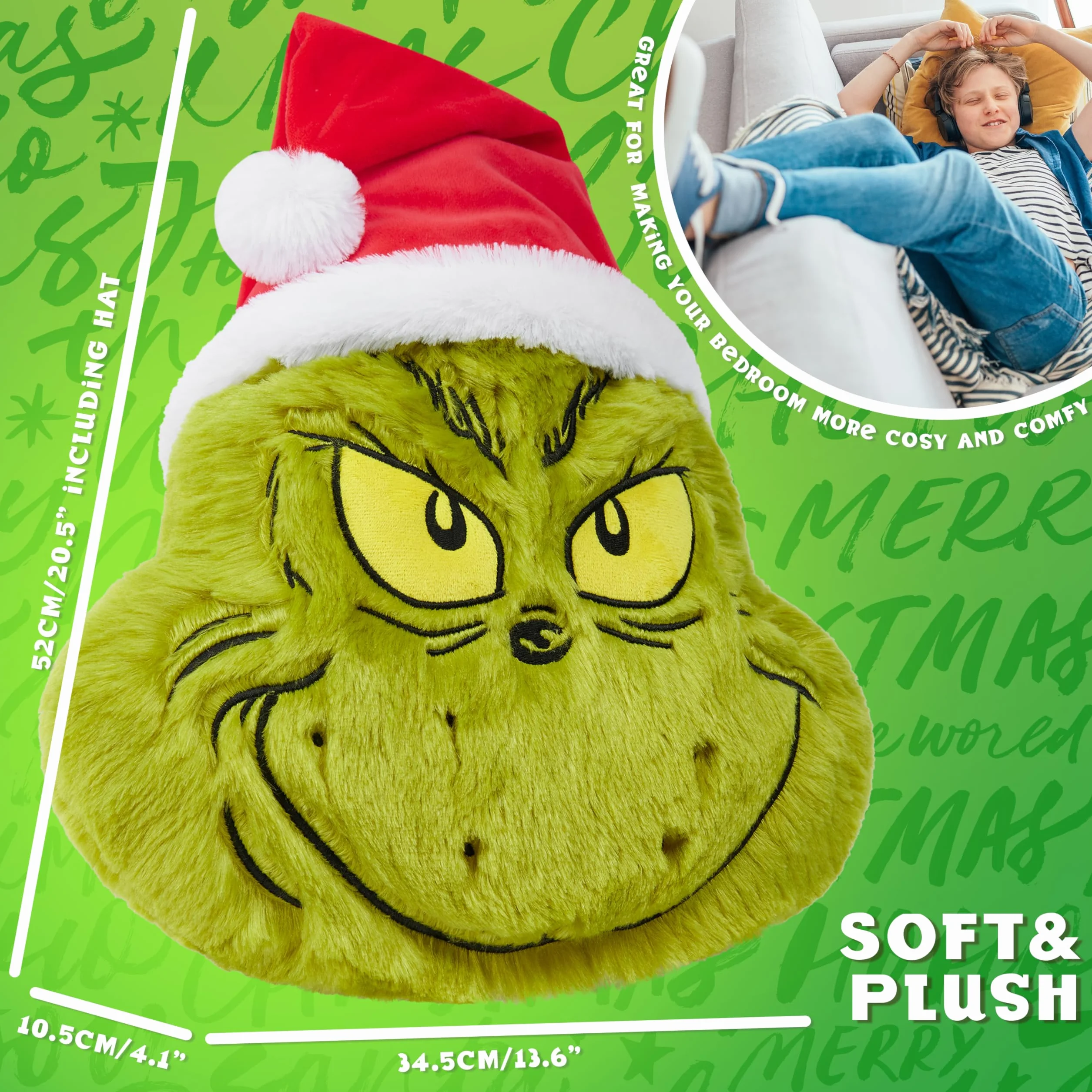 The Grinch Pluszowa poduszka 3D na łóżko, sofę, poduszka do przytulania, dekoracja bożonarodzeniowa, 52 x 34,5 x 10,5 cm, świąteczne akcesoria do sypialni, prezenty świąteczne