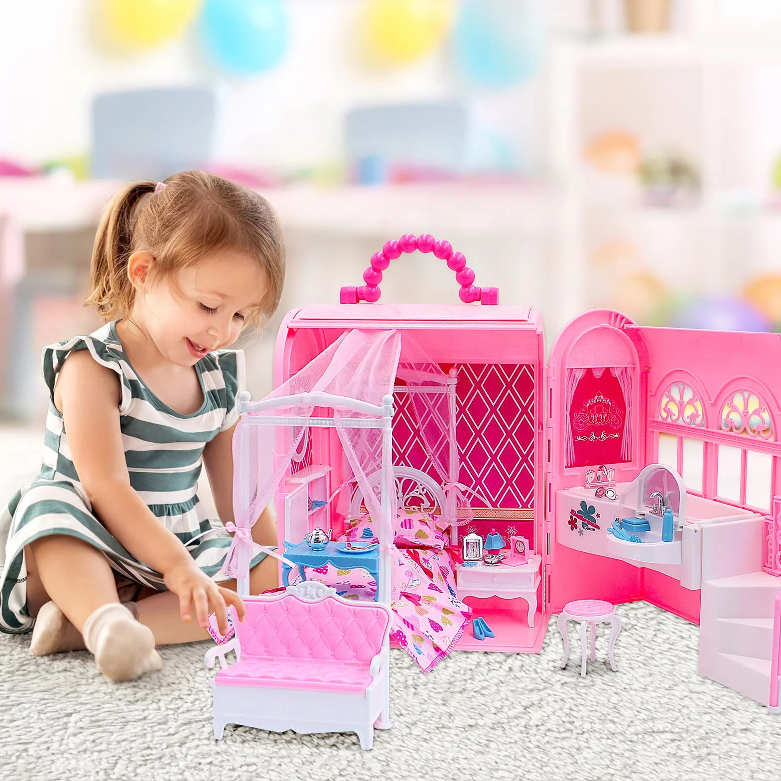 deAO Przenośne pudełko 2 w 1 i pokój dla lalek Princess Deluxe z meblami (lalka nie jest dołączona)