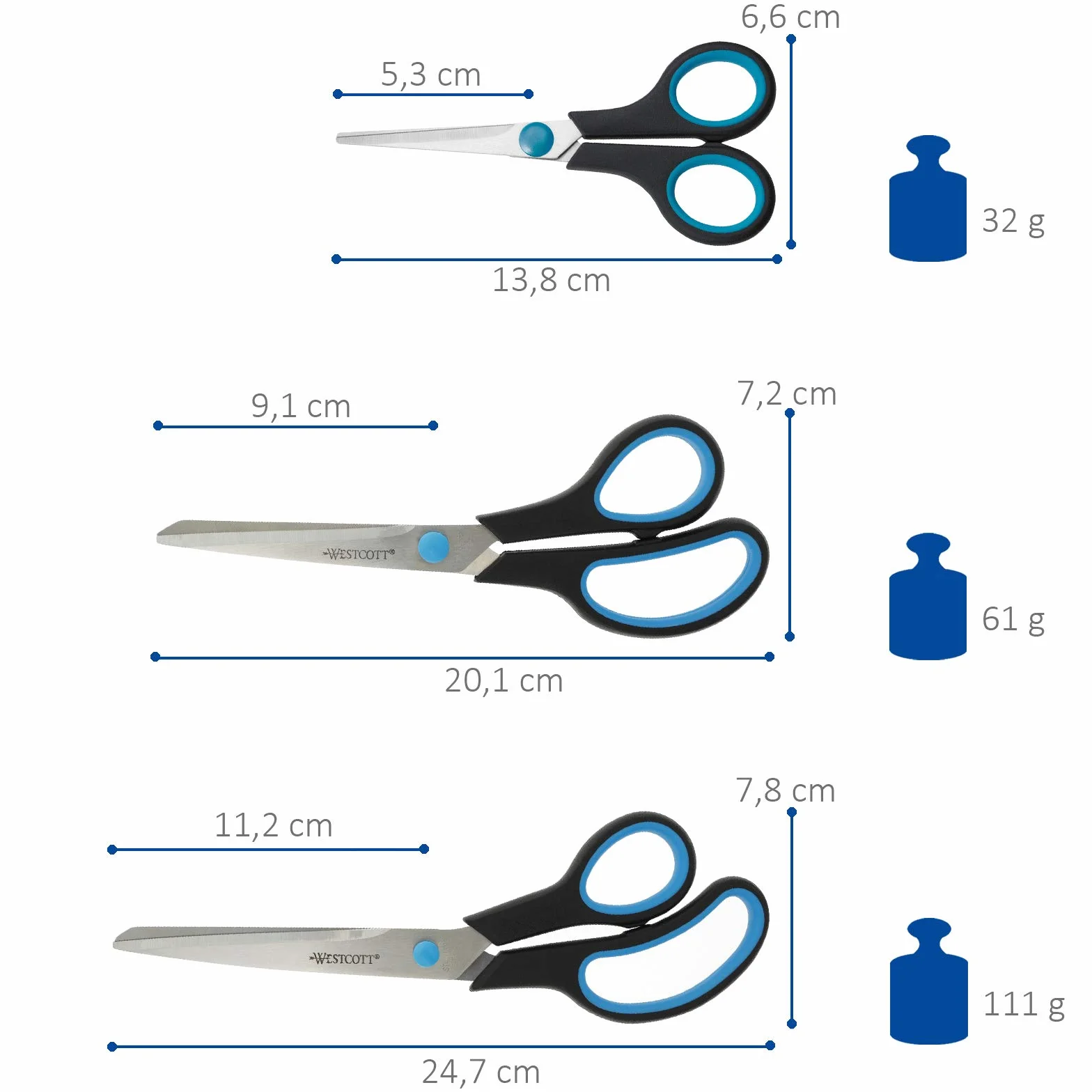 Westcott N-90027 00 Easy Grip Zestaw nożyczek 3 Sztuki 13 cm 21 cm 25 cm czarno-Niebieski