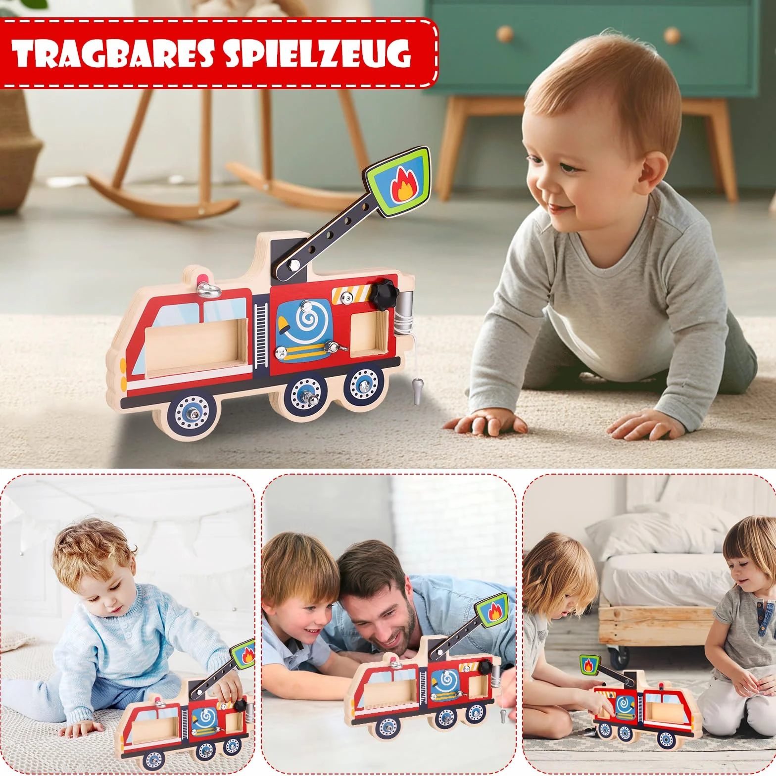Samochód strażacki drewniana zabawka ze śrubami i narzędziami – zabawka edukacyjna Montessori od 3 lat - zabawka motoryczna do wkręcania - prezent dla chłopców i dziewczynek