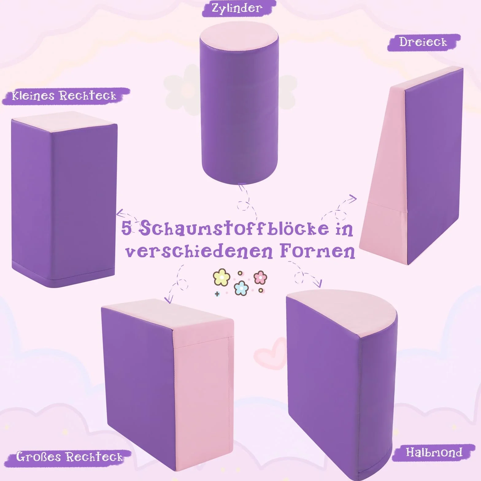 COSTWAY 5-częściowy zestaw klocków dla dzieci do wnętrz, miękkie klocki do zabawy i wspinaczki, wielokolorowe klocki dla dzieci w wieku 6 miesięcy i starszych (fioletowe)