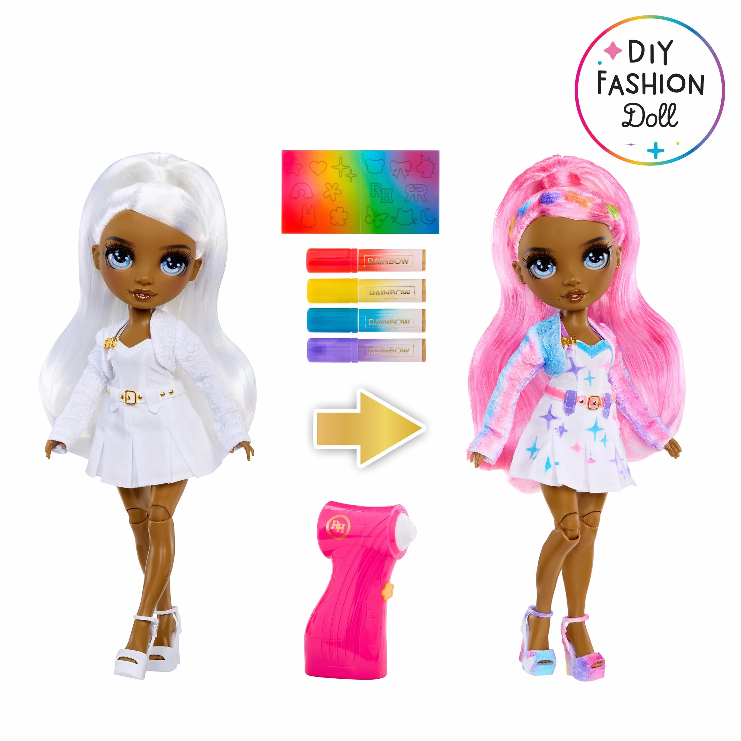 Rainbow High Air Brush & Create - 1 Lalka DIY Z Zestawem Aerografu, Zmywalne Tęczowe Markery, Długie Włosy, Szare Oczy, Kreatywna Zabawa Dla Dzieci w Wieku od 4 do 12 lat i Starszych