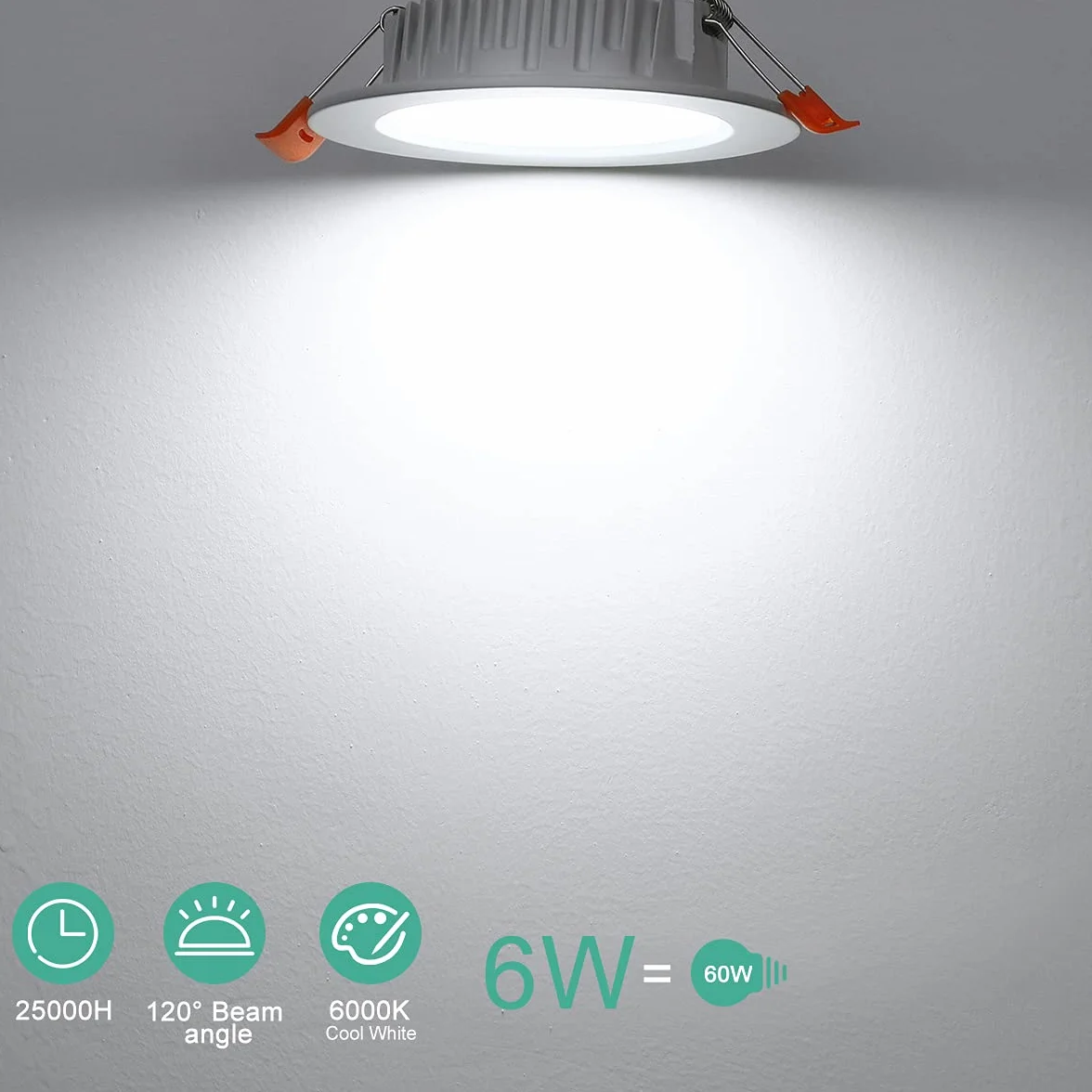 Reflektor wpuszczany LED 230V 6W ultra płaski IP44, zestaw 6 szt. Oprawy wpuszczane LED biała zimna 6000k, głębokość montażu 26mm 600 lumenów, Ø105mm wymiary otworu montażowego 75-95mm, spoty LED do łazienek, salonów, kuchni