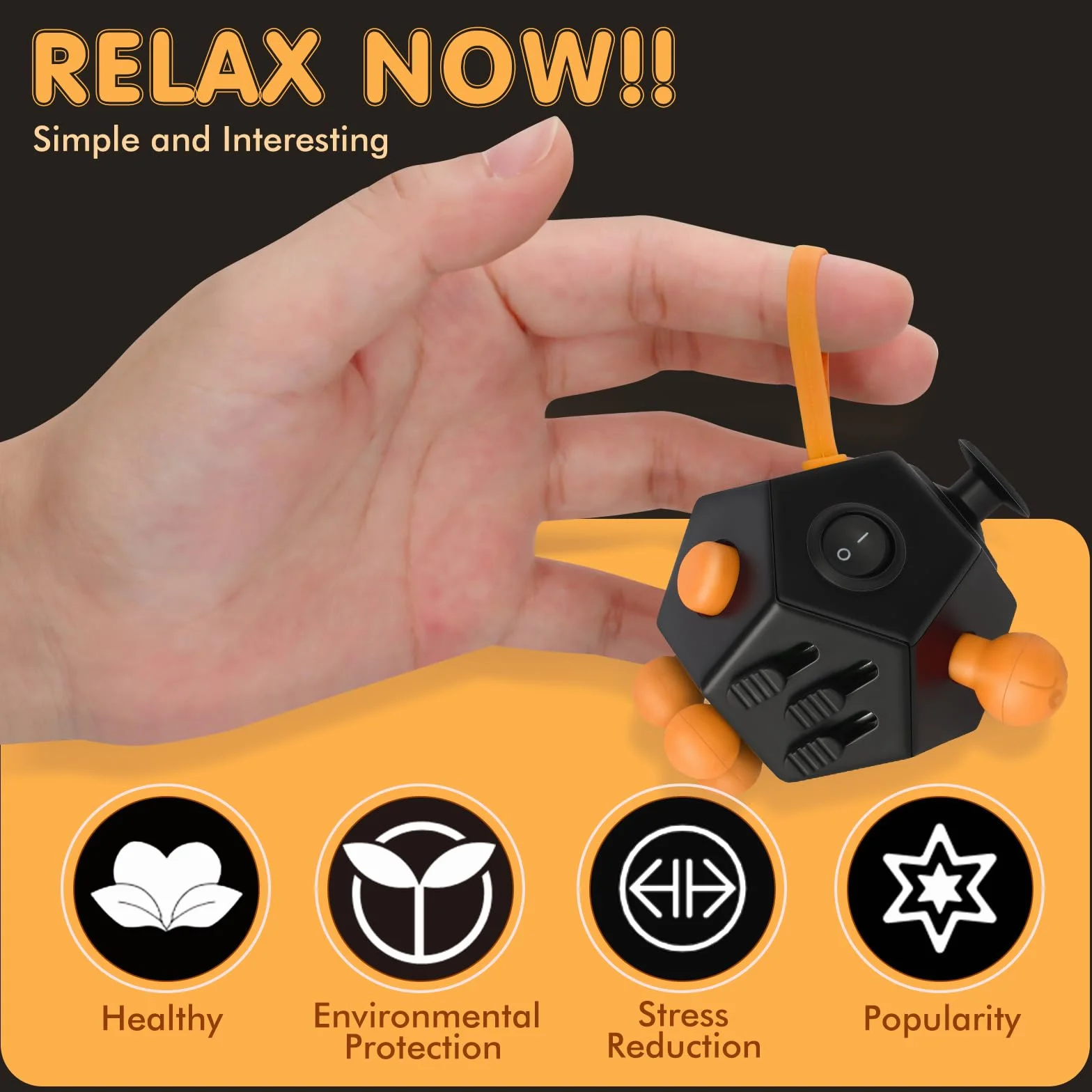12-Stronna Kostka Fidget Cube - Zabawka Fidget Cube Dla DorosłYch I Dzieci Z Adhd,Add,Autyzmem,Antystresowa Ulga W LęKu Oryginalne Zabawki Infinity,Black Orange