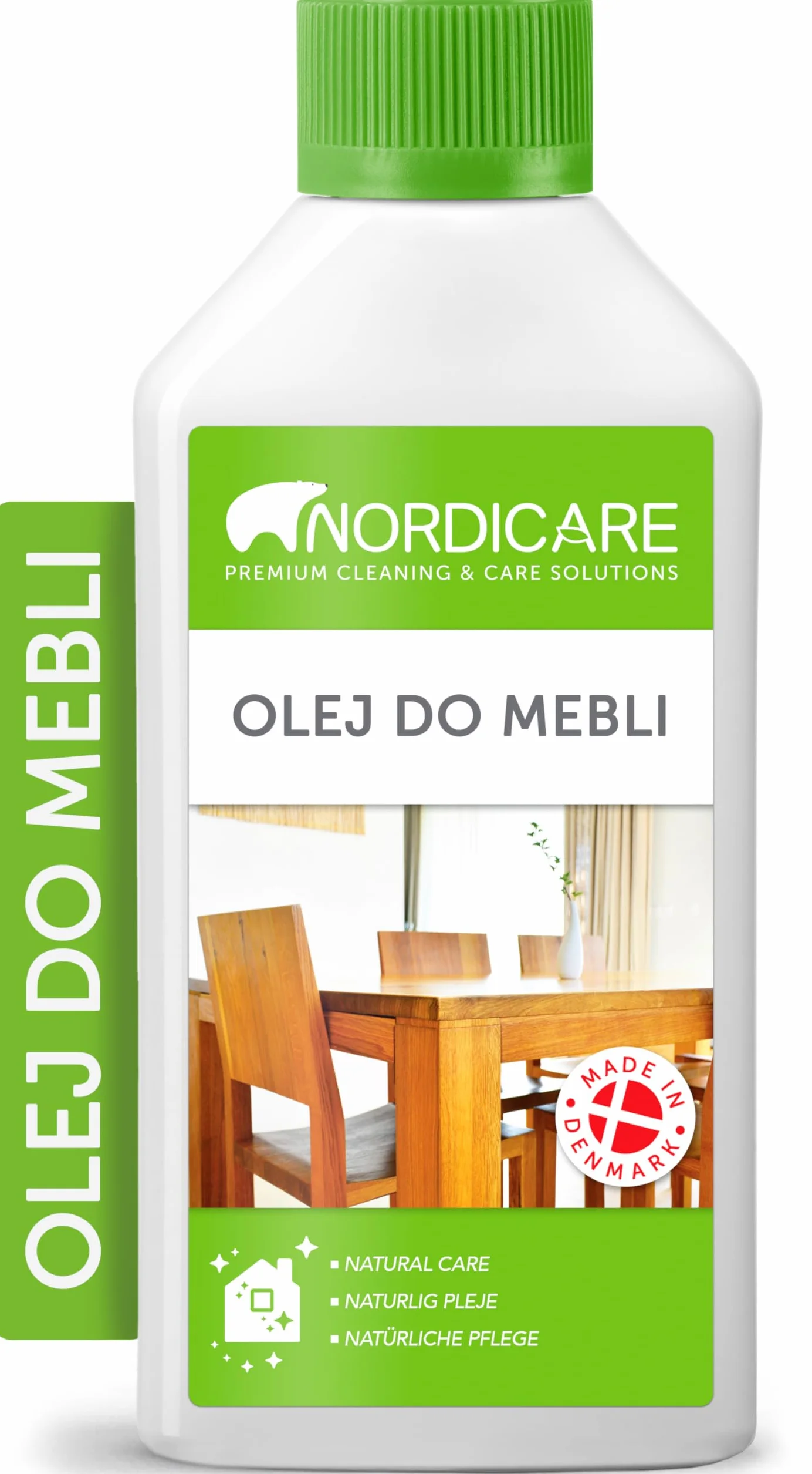 Nordicare Olej do pielegnacji mebli [500ml] bezbarwny Olej do konserwacji drewna. Dąb, buk, orzech, modrzew. Lazura do drewna na bazie oleju lnianego. Pokost lniany