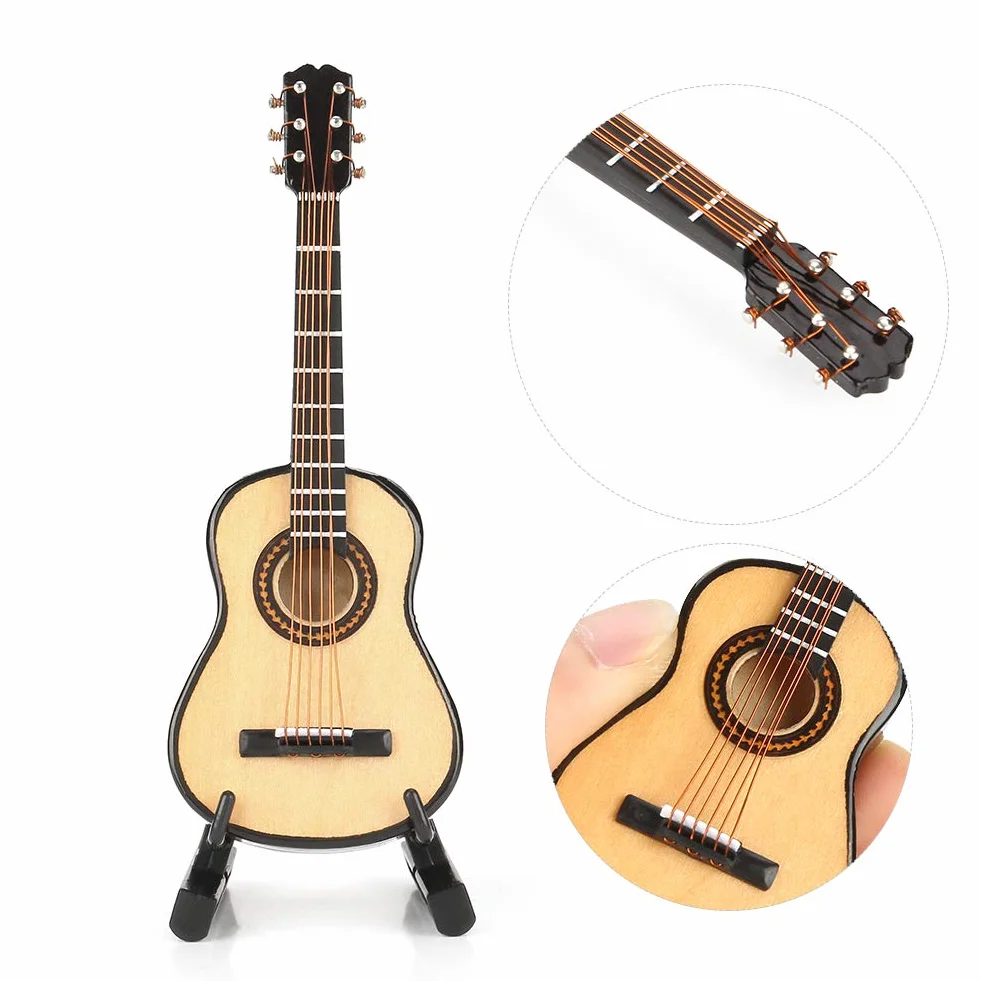 Miniaturowy Model Gitary, Mini Drewniana Gitara Model Instrumentu Muzycznego dla Dzieci Akcesoria do Domku dla Lalek ze Stojakiem i Etui do Dekoracji na Blat 10 Cm