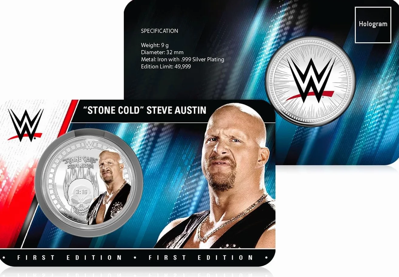 FANTASY CLUB Stone Cold Steve Austin WWE 32 mm Oficjalna moneta kolekcjonerska - hołd dla Rattlesnake i 6-krotny mistrz świata - edycja limitowana dla fanów i kolekcjonerów