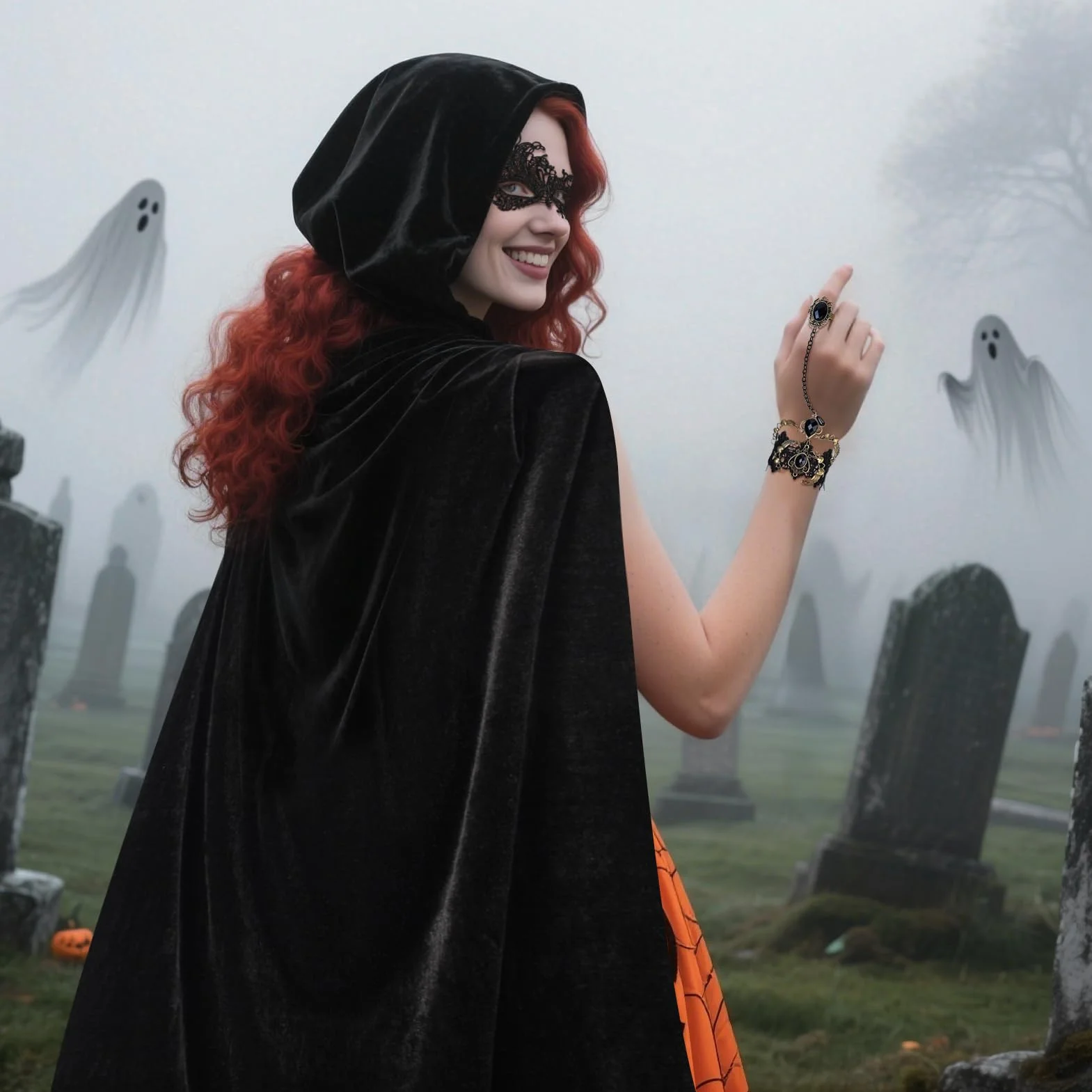 3-częściowy zestaw czarnych peleryn z kapturem, 140/150/170 cm, peleryna na Halloween, aksamitna peleryna z maską i gotyckim łańcuszkiem na palec, wampira, wampir, kostium wampira, na imprezę
