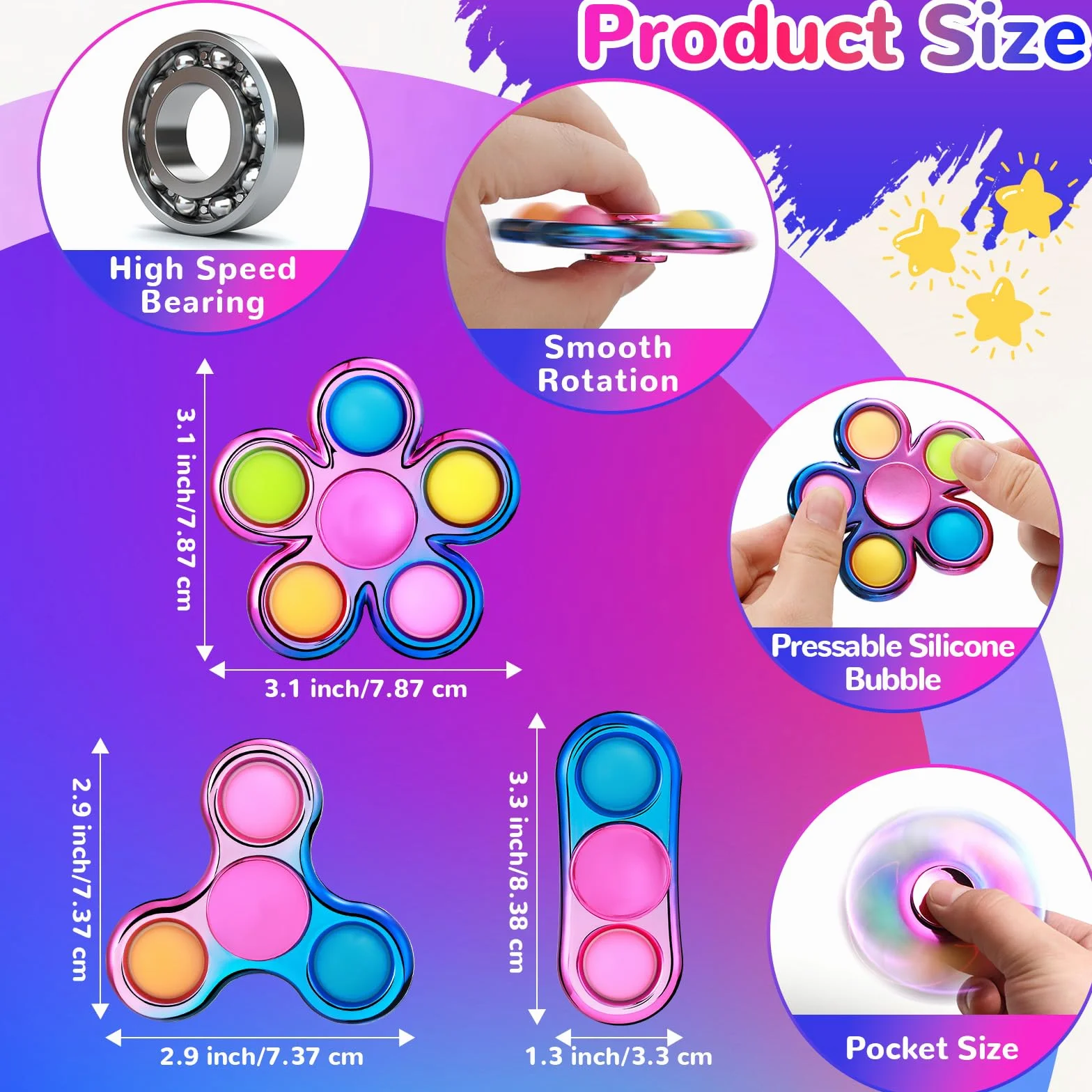 SCIONE Zestaw 3 Fidget Spinner Pop, Sensoryczna zabawka do ściskania bąbelków, pomaga w ADHD, lękach i stresie