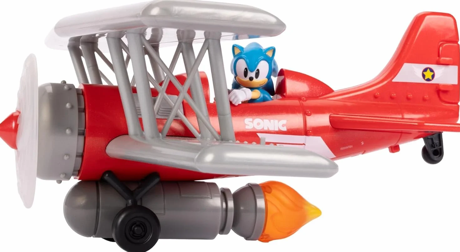 Sonic The Hedgehog Zestaw do zabawy dwupłatowcem Tornado firmy JAKKS Pacific, zawiera 6 cm soniczną figurkę, obracające się śmigło, świecący płomień, 6 efektów dźwiękowych, dynamiczna gra oparta na