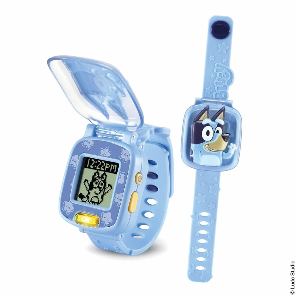 VTech - Bluey, interaktywny zegarek do gier, zegarek dla dzieci z klapką z anime, miękki pasek, 8 tarczy, 4 gry edukacyjne, prezent dla dzieci w wieku od 3 lat do 7 lat - zawartość w języku francuskim