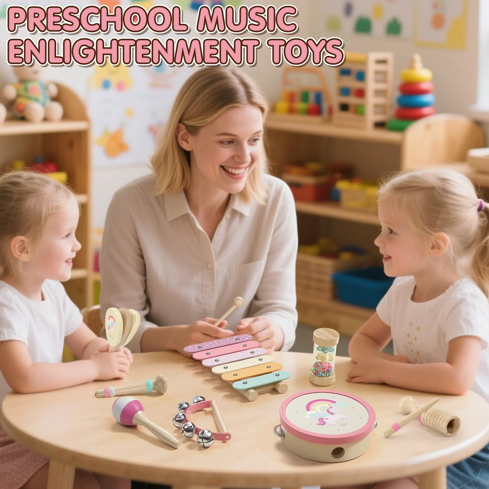 Lehoo Castle Drewniane instrumenty muzyczne dla dzieci, zabawki muzyczne Montessori dla dzieci w wieku 1-3 lat, marakasy ksylofon tamburyn, zestaw instrumentów perkusyjnych, 18 m +