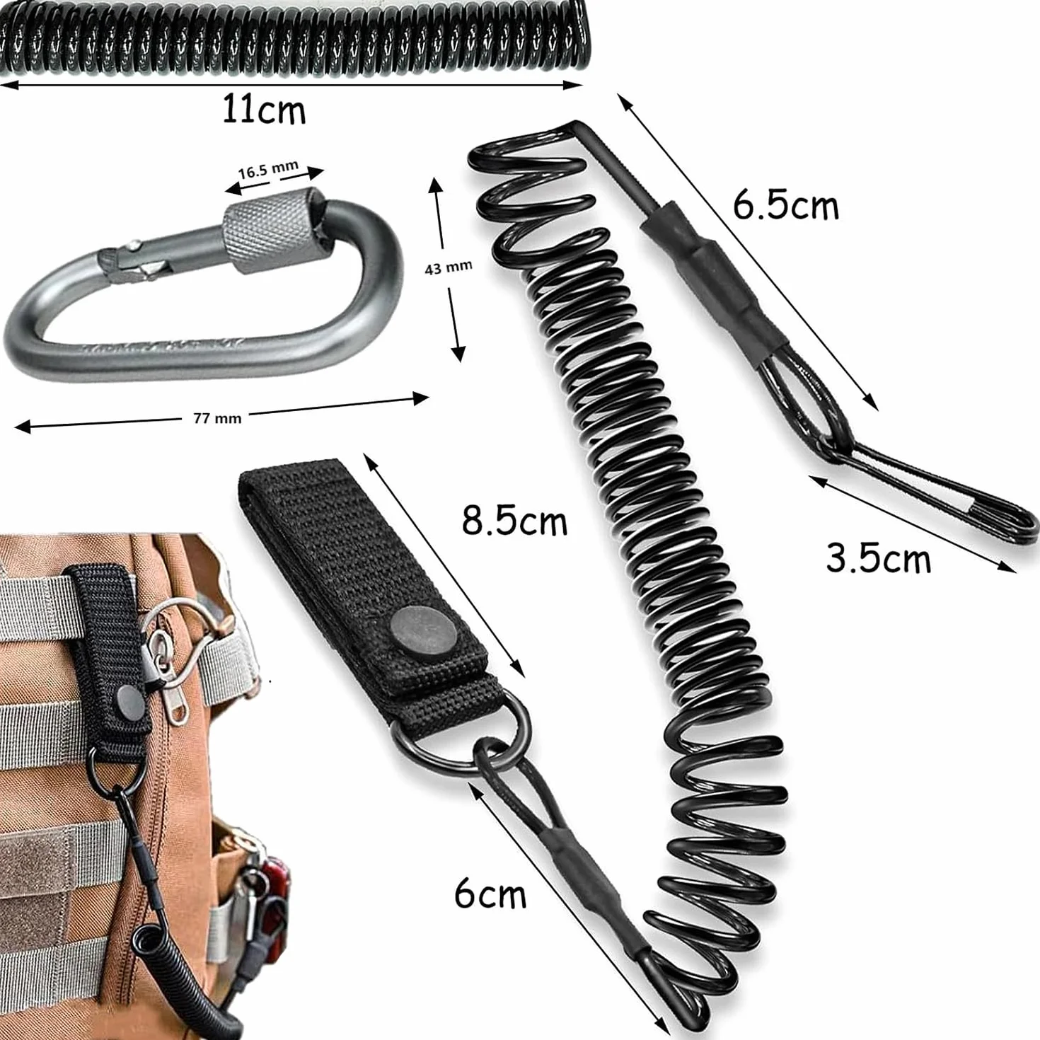 Paracord Tactical Lanyard – elastyczny kabel spiralny z karabińczykiem, spiralny kabel, breloczek do kluczy, elastyczny, karabińczyk do breloka, na kemping, wędrówki, wspinaczkę, wędkowanie na świeżym
