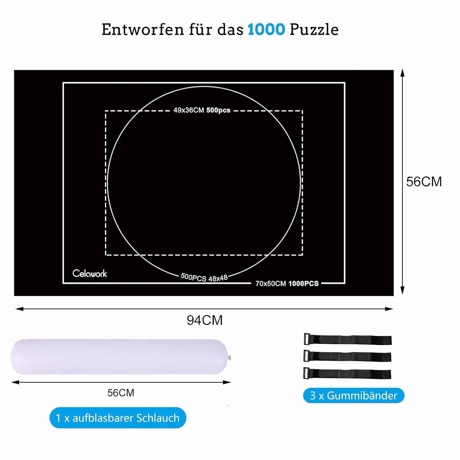 Celawork Mata puzzli do BIS 200, 500, 1000 elementów - podkładka pod puzzle, mata rolowana do przechowywania (czarna, do 1000)