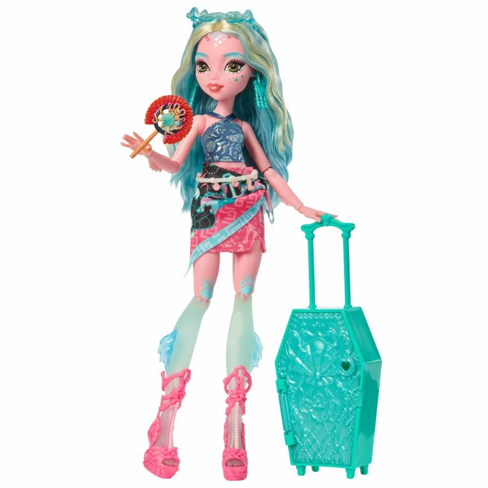 Monster High Straszysekrety Seria 7 Upiorystyczne wakacje Lagoona Blue Zestaw: lalka, walizka i akcesoria-niespodzianki, w tym ubranka, zabawka dla dzieci 4+, JDR51
