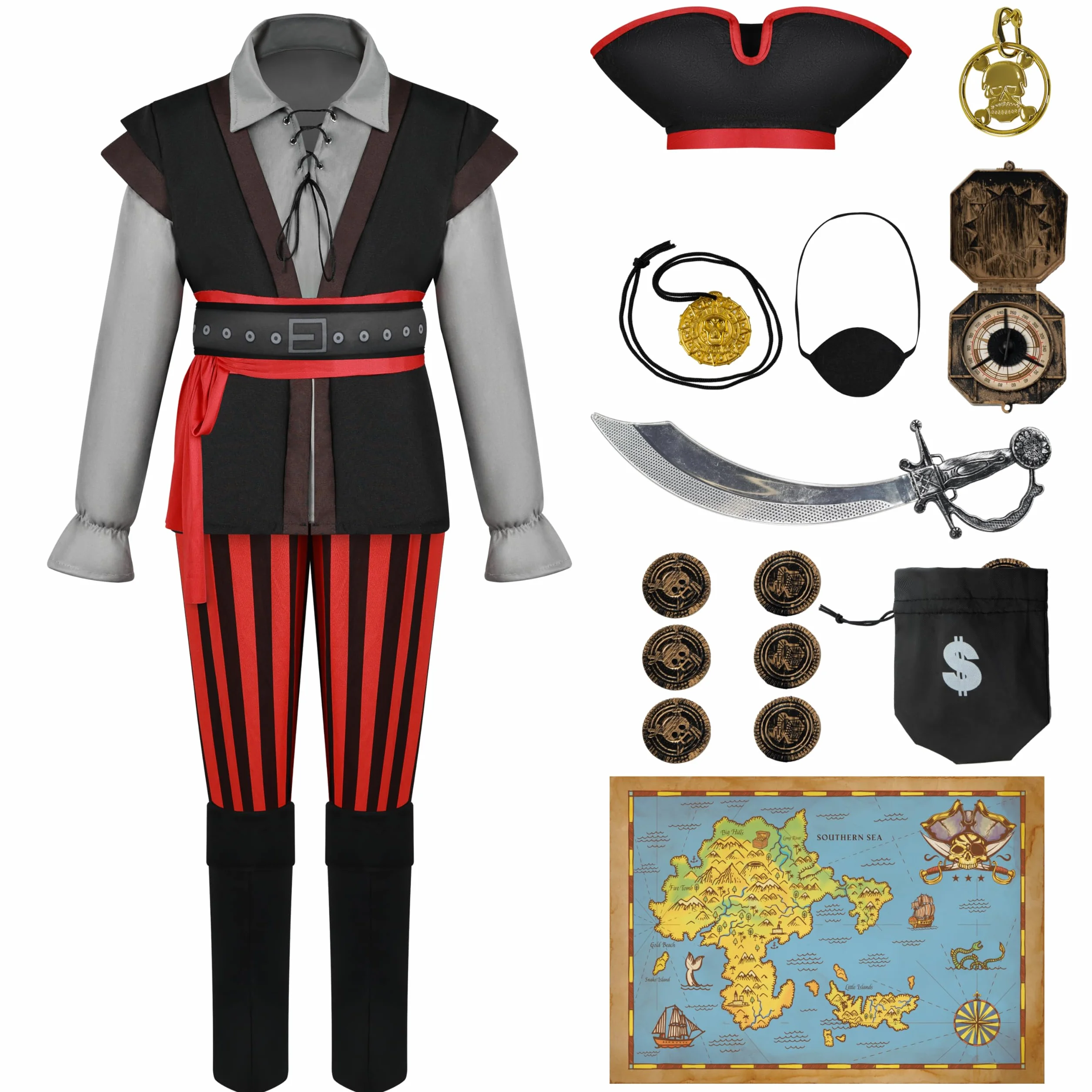 Spooktacular Creations Kostium pirata dla chłopców, kostium pirata dla chłopców, kostium pirata dla dzieci z akcesoriami do piratów do odgrywania ról na Halloween (mały (5-7 lat))