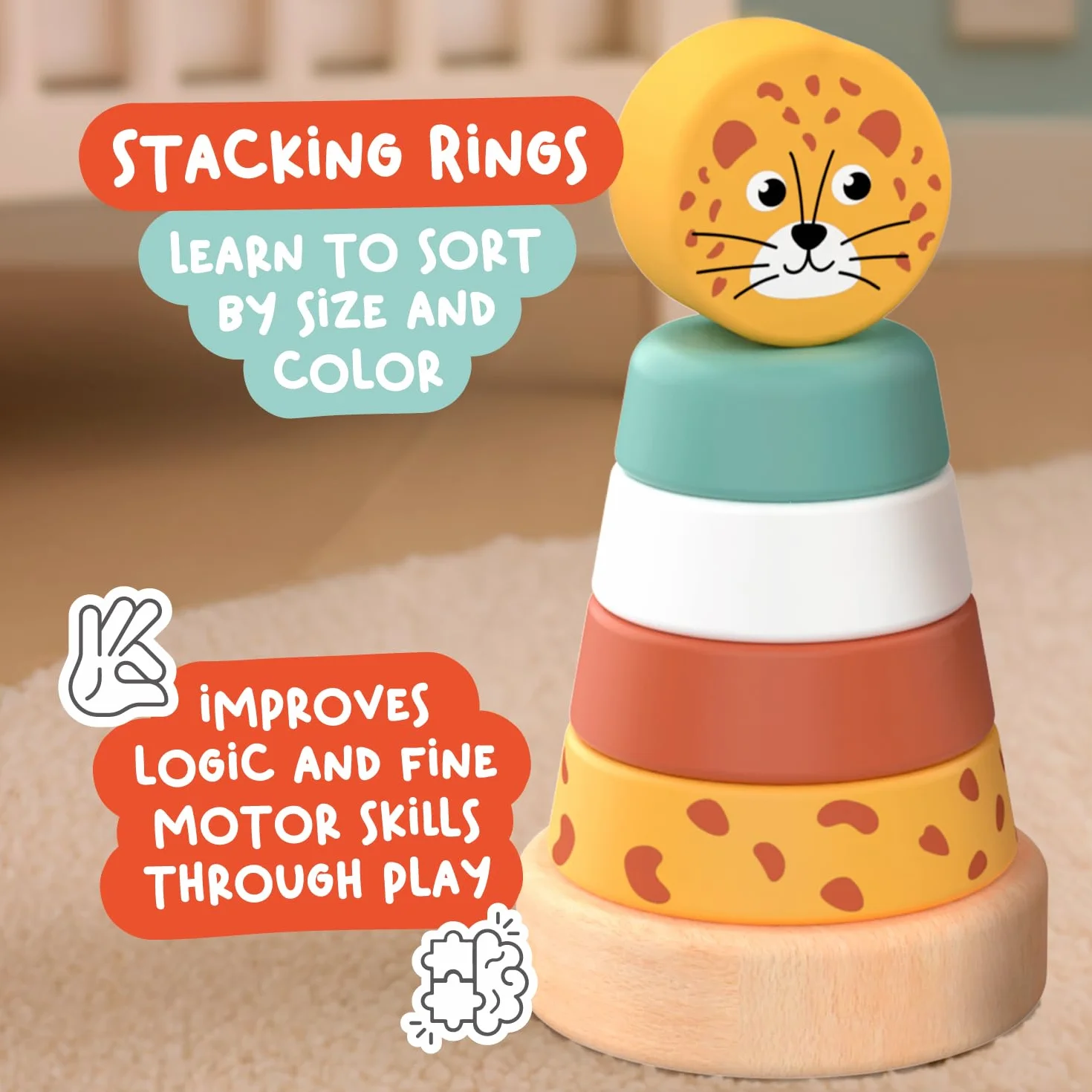Nene Toys Zestaw Montessori dla Malucha 1+ – 4-w-1 Drewniane Zabawki Sensoryczne: Piramidka, Deszczownica, Labirynt z Żyrafą i Klocki Aktywności – Edukacyjny Prezent dla Dzieci 1–3 lata