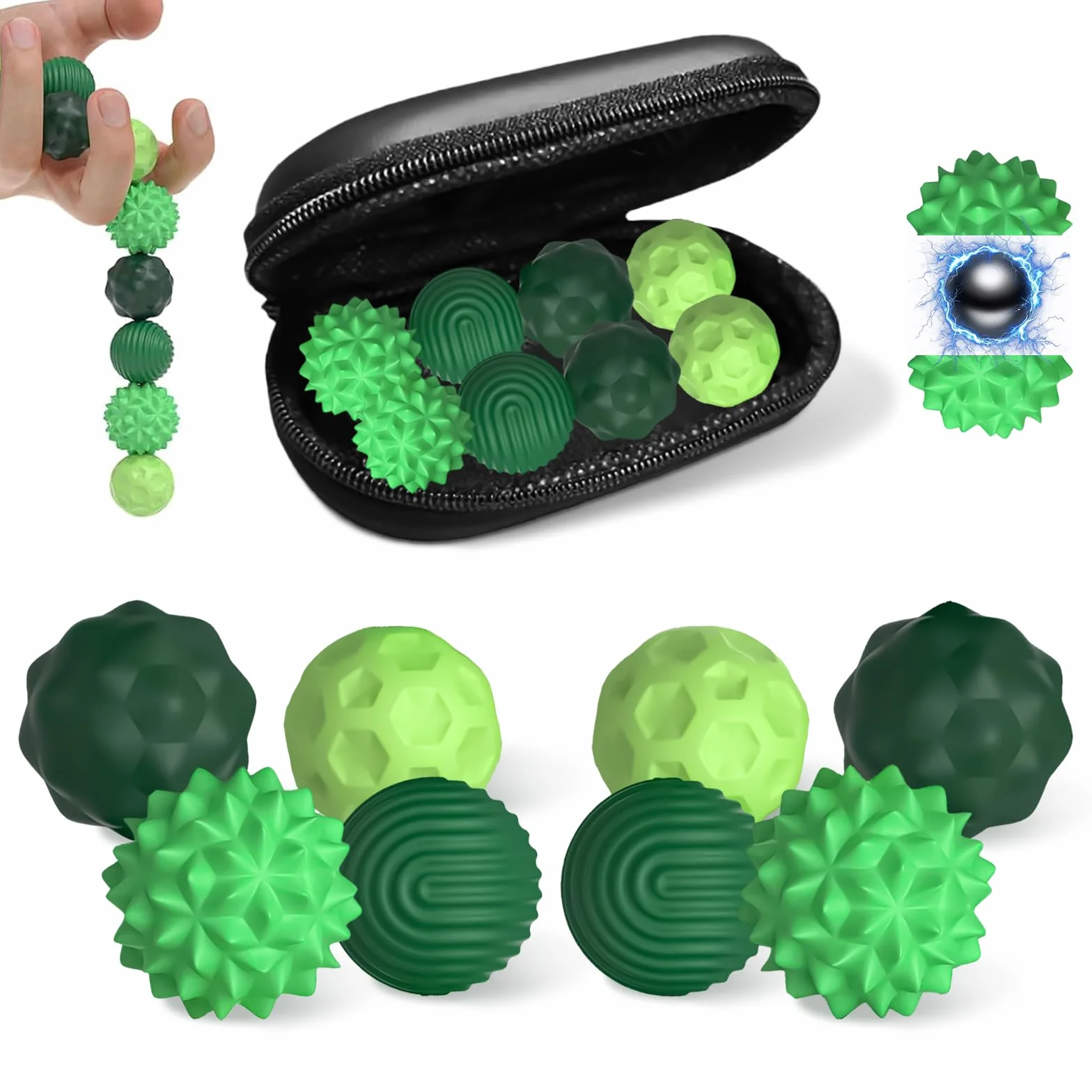 8 Zestaw Magnetycznych Fidget Toys – 4 modele silikonowych kulek + pudełko do przechowywania – Antystresowe zabawki sensoryczne dla dzieci i dorosłych, pomoc w koncentracji i relaksie (Zielony)