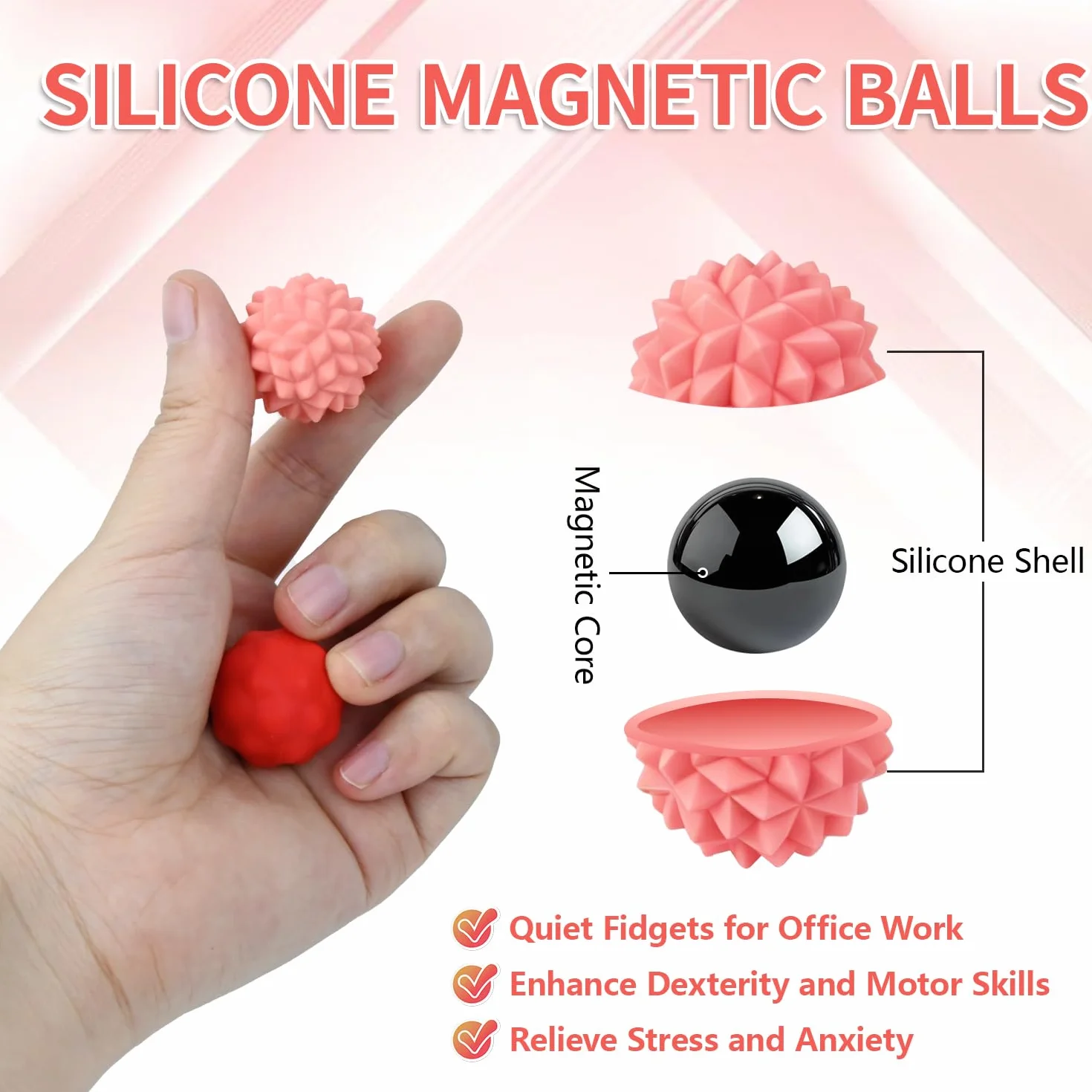 8 magnetycznych zabawek Fidget Toys, kulki magnetyczne, kulki antystresowe, z silikonowym etui, dla dorosłych i dzieci, redukują stres i relaks (różowe)