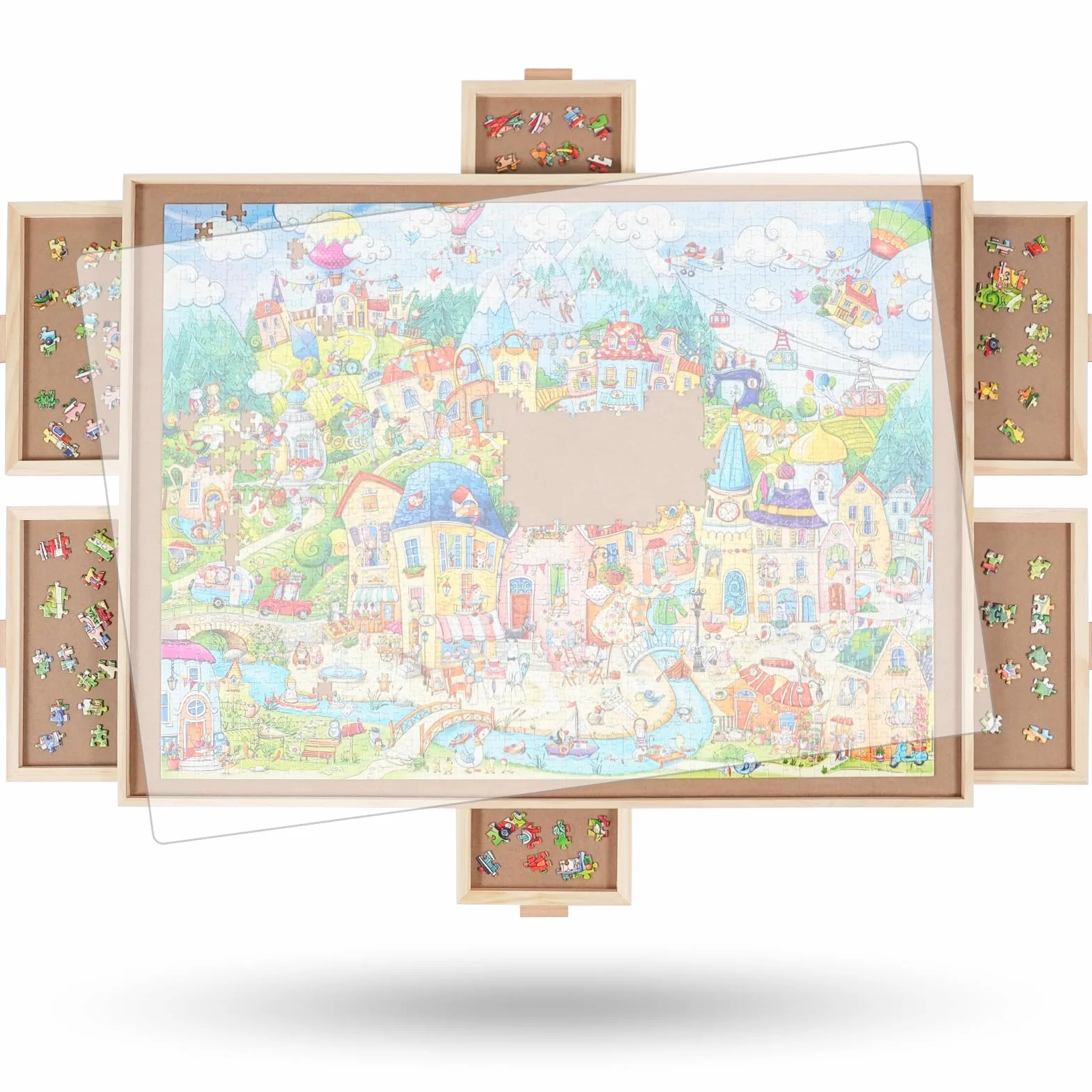 1500-elementowa obrotowa układanka z 6 szufladami i pokrywą, przenośny drewniany stół do układanek,64x 87cm dla dorosłych, obrotowa układanka Lazy Susan, prezent świąteczny dla mamy