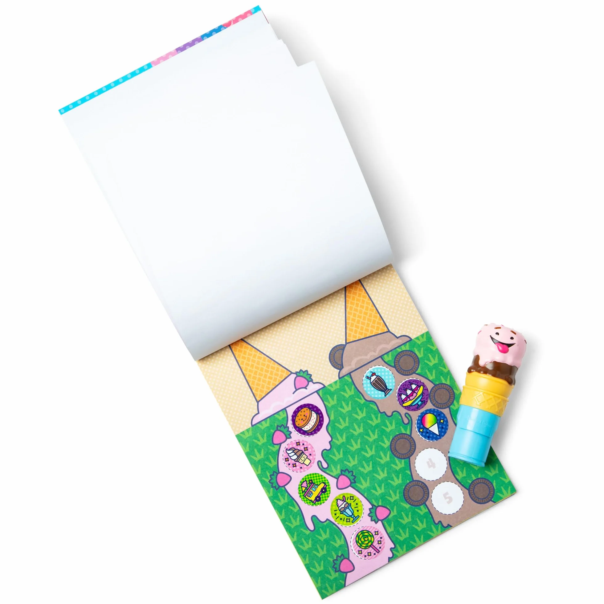 Melissa & Doug Naklejka WOW!™ 24-stronicowa podkładka do aktywności i stempel, 300 naklejek, sztuka i rzemiosło Fidget zabawka kolekcjonerska postać - lody - certyfikat FSC