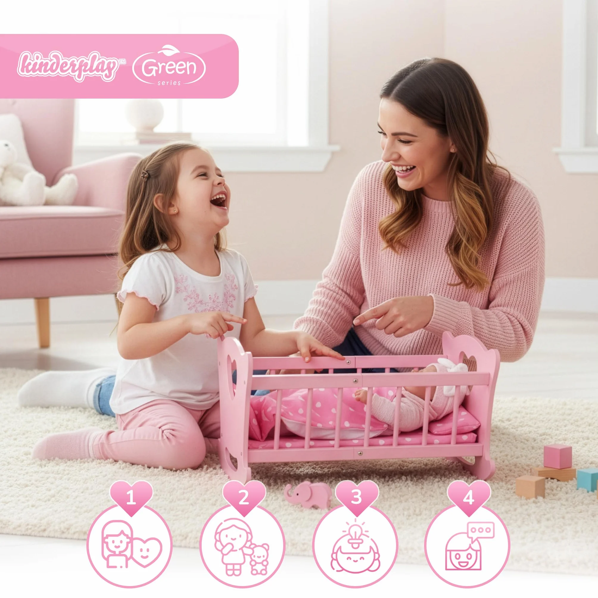 Kinderplay Łóżeczko dla Lalki, Kołyska dla lalki – Zestaw Kołyska plus Kołderka, Poduszeczka oraz Prześcieradło, dla laki o max. długości 49.5 cm., model GS2106 (GS2106)