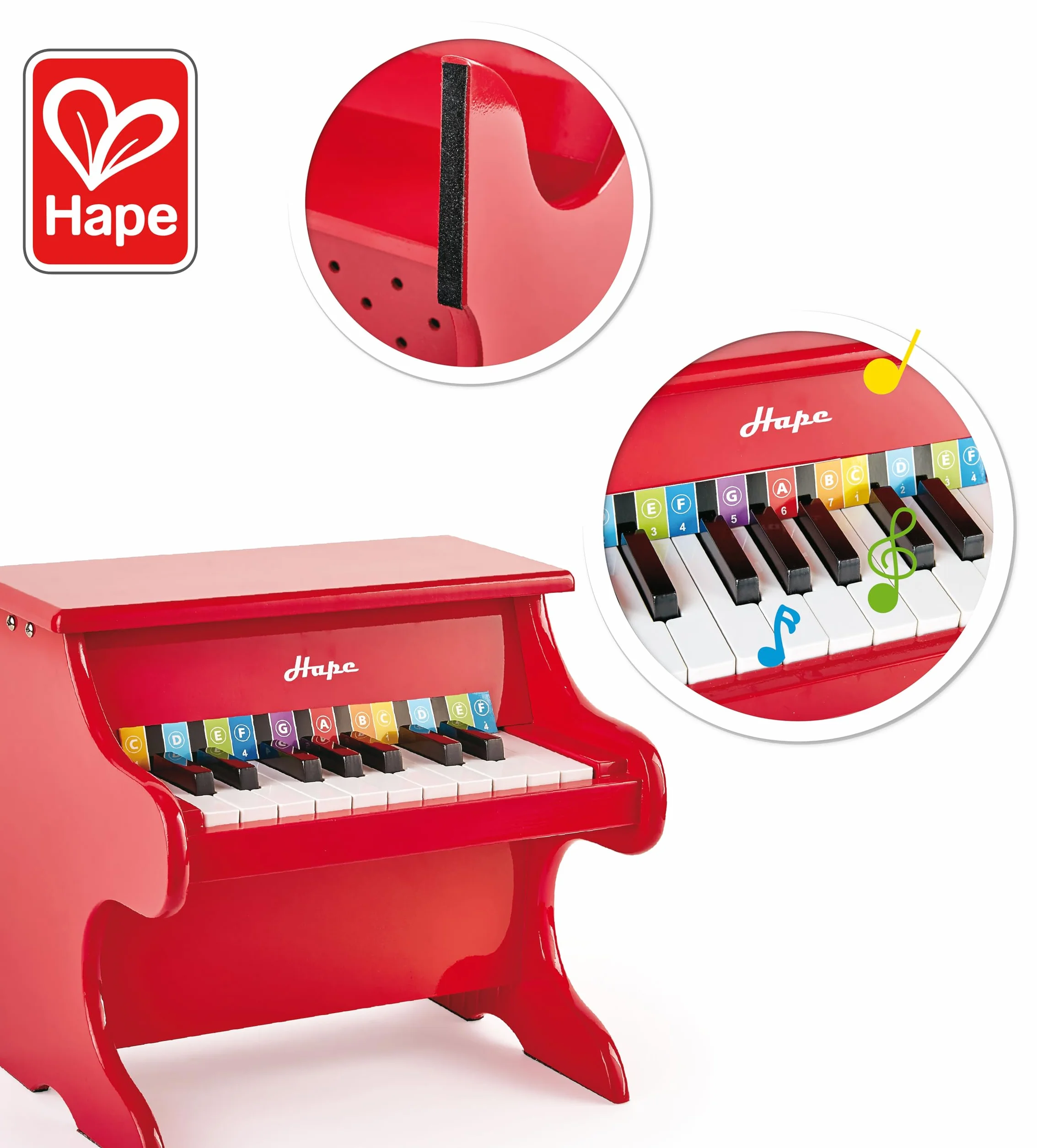 Hape 18-klawiszowy drewniany mini fortepian zabawka czerwony