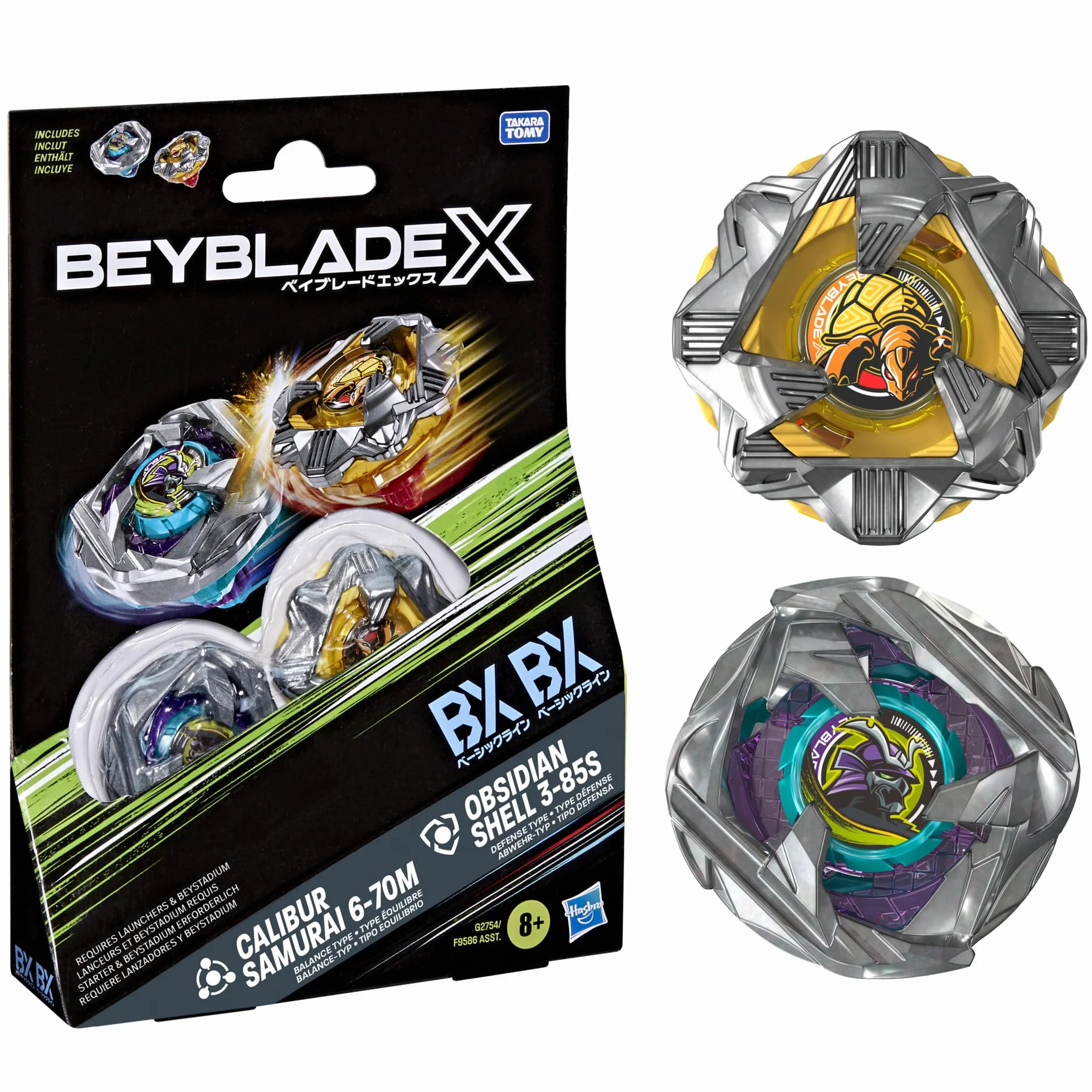 Dwupak bączków Beyblade X Calibur Samurai 6-70M BX i Obsidian Shell 3-85S BX