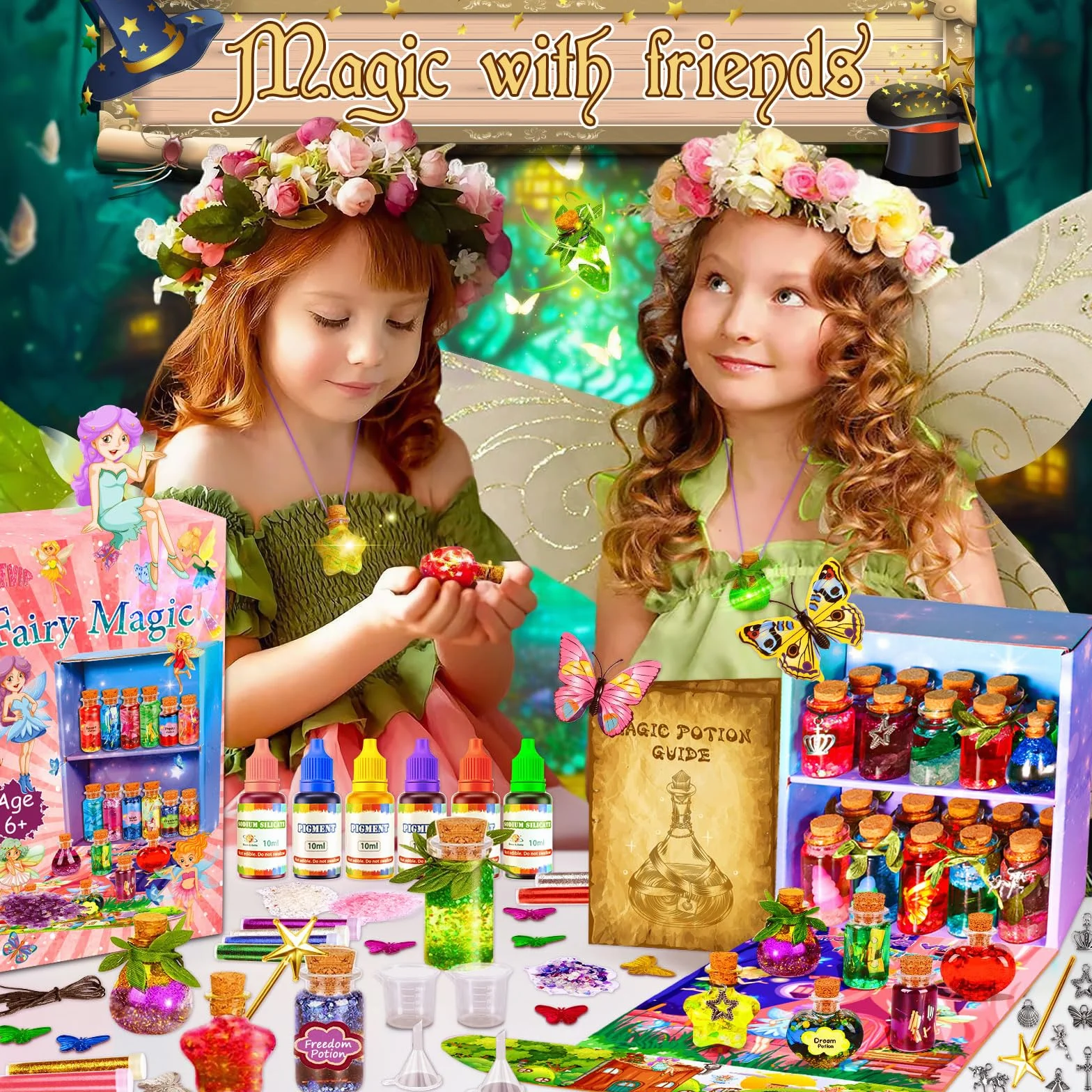 MULEVIP Zestaw magicznych mikstur dla dzieci, zestawy wróżkowych mikstur z 24 magicznymi butelkami, kryształy energii, motyle, zawieszka, magiczna mikstura Kreatywne prezenty DIY dla dziewczynek