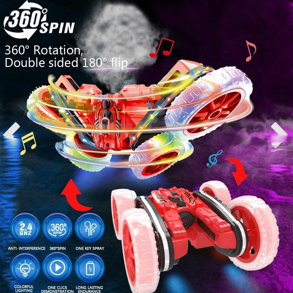 Zdalnie sterowany samochód, 2,4 GHz, dwustronny, obracany o 360° RC Stunt Crawler z kolorowymi migającymi światłami i tryskami, samochód offroad drift RC, prezent dla chłopców i dziewczynek od 4