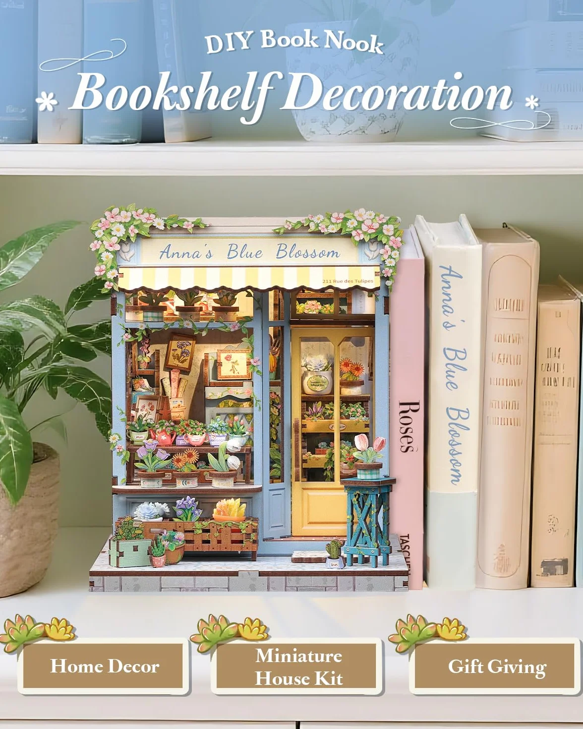 CUTEBEE Book Nook Kit-Zestaw Domku Dla Lalek do Samodzielnego Złożenia,Drewniana Podpórka do Książek 3D,Kreatywna Dekoracja na Półkę,Prezent(Anna's Blue Blossom)