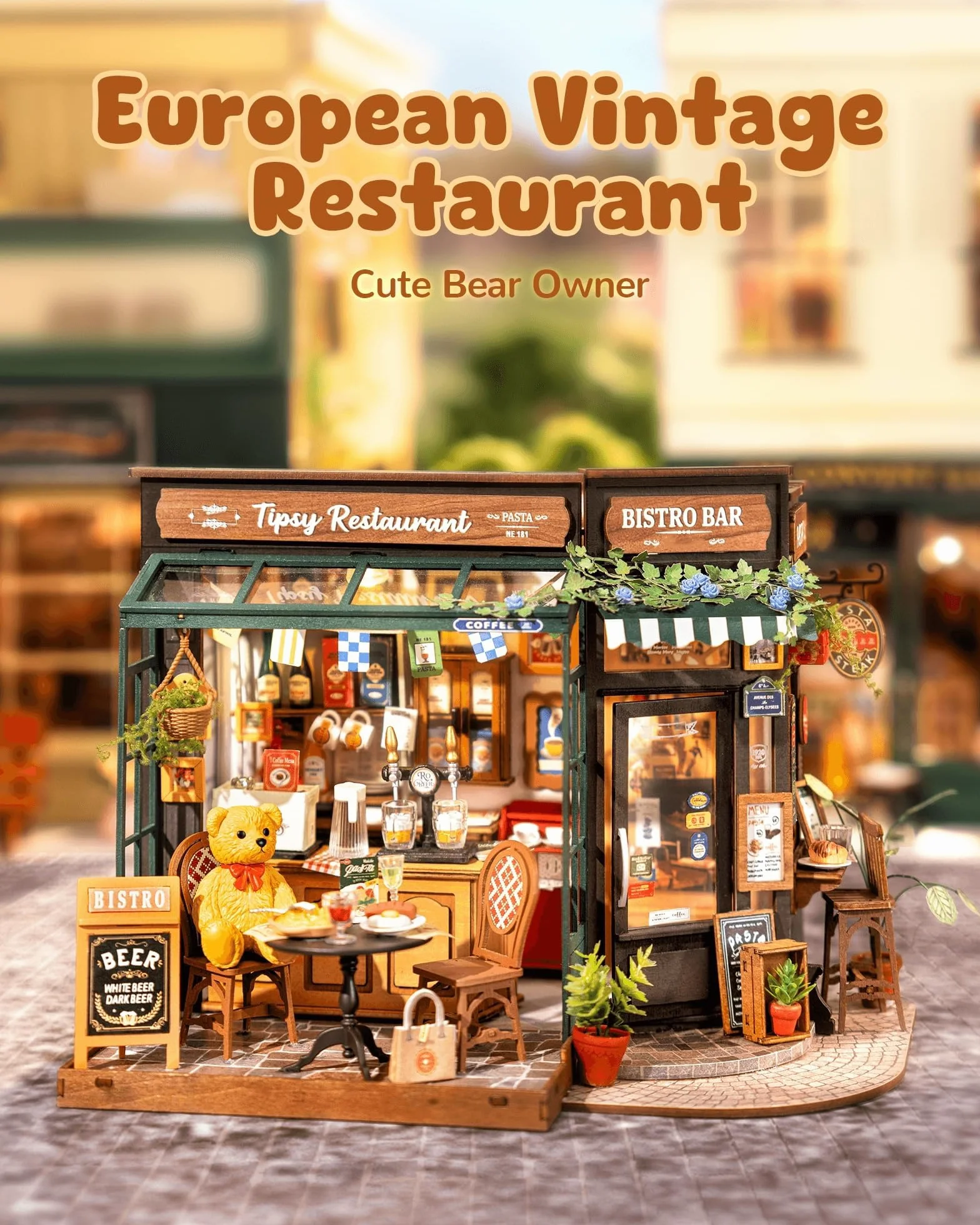 ROWOOD Zestaw domku dla lalek, Tipsy Restaurant, DIY miniaturowy dom rzemieślniczy pokój budowlany, drewniane zestawy modeli z akcesoriami dla dorosłych i nastolatków do budowania, wyjątkowy prezent