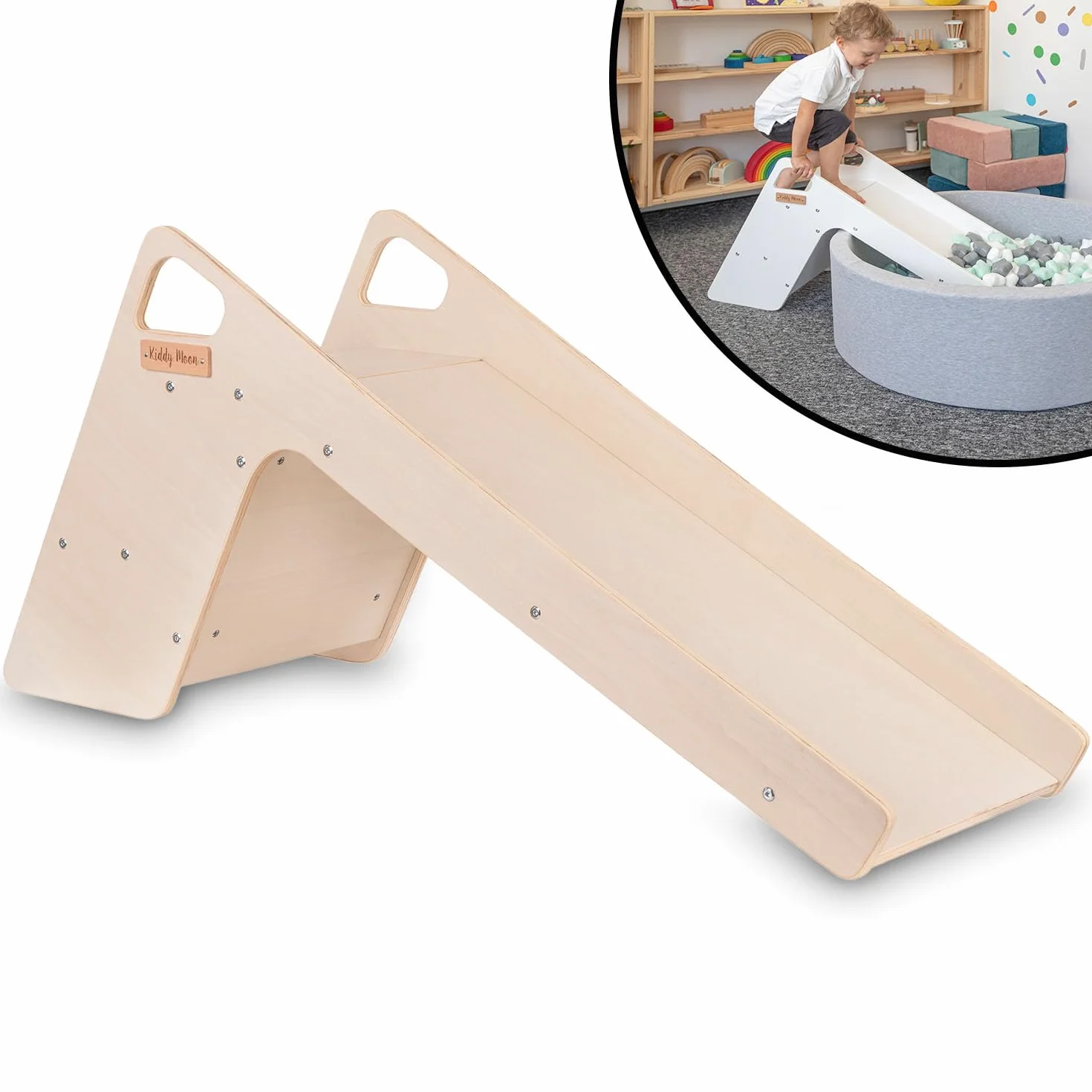 KiddyMoon Zjeżdżalnia dziecięca z drewna, stabilna zjeżdżalnia dla małych dzieci, wielofunkcyjna, Montessori, naturalna