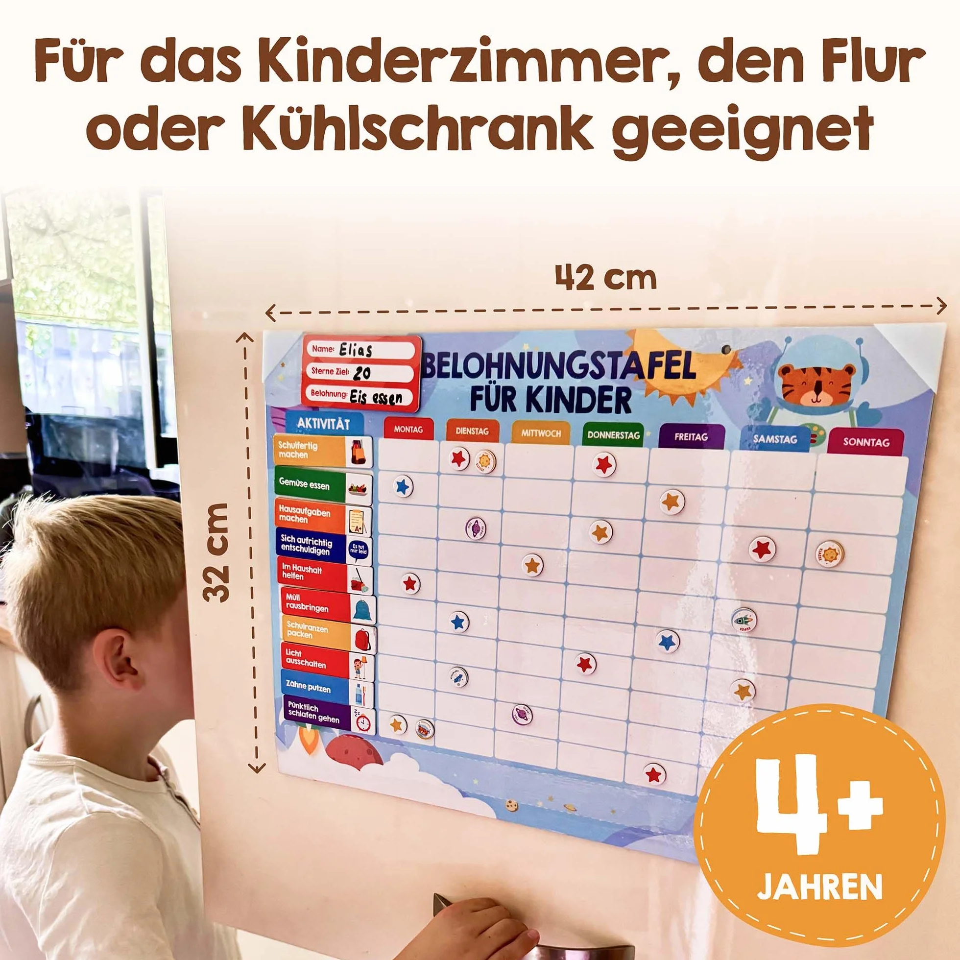 Edubini Tablica nagród dla dzieci - [100 misji, 350 magnesów] - System nagród odpowiedzialnych - tablica magnetyczna Montessori, planer tygodniowy dla dzieci, pomoc ADDHS - w zestawie torba, długopis