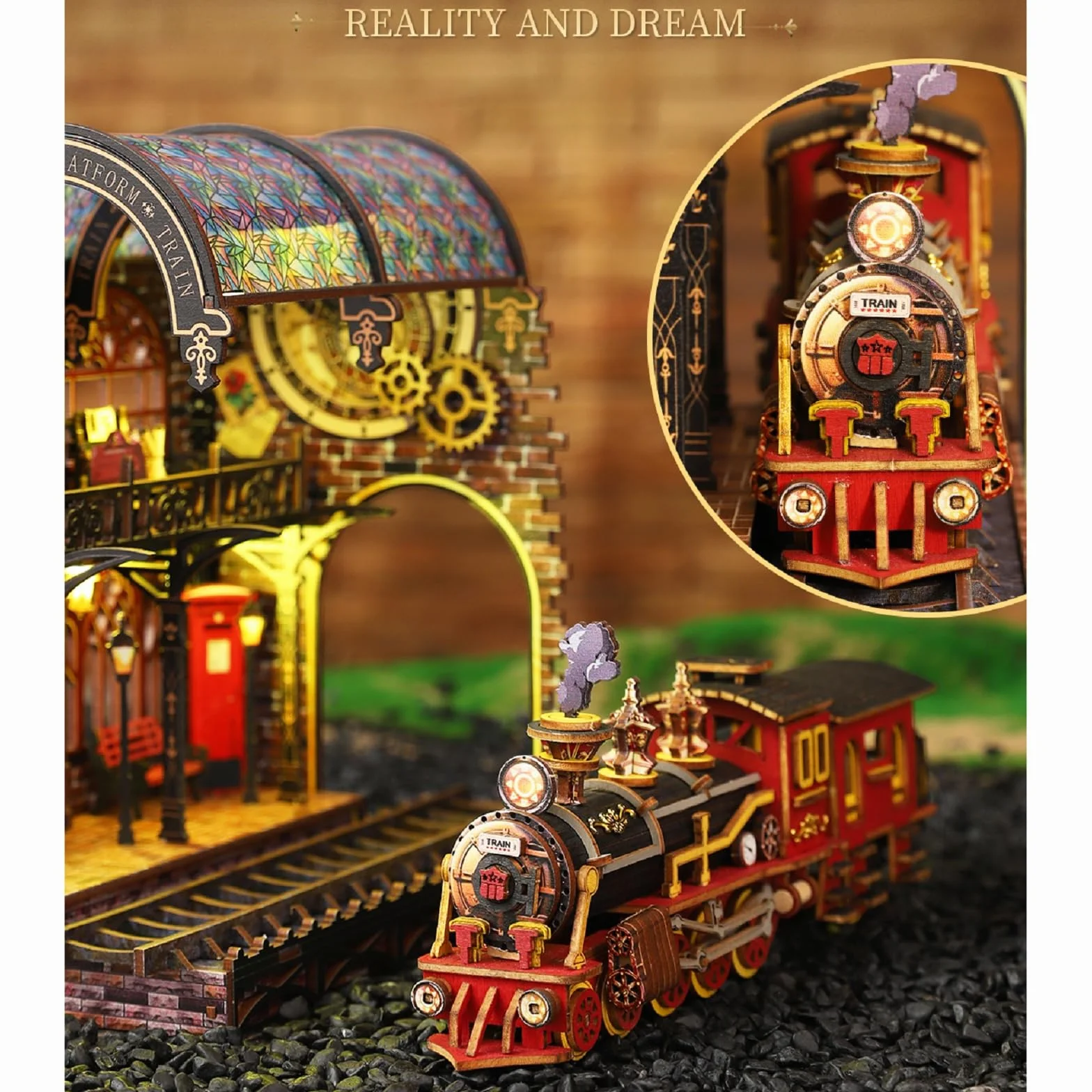 Drewniany zestaw kącika książek 3D puzzle podpórka na książki z LED miniaturowy domek steampunk