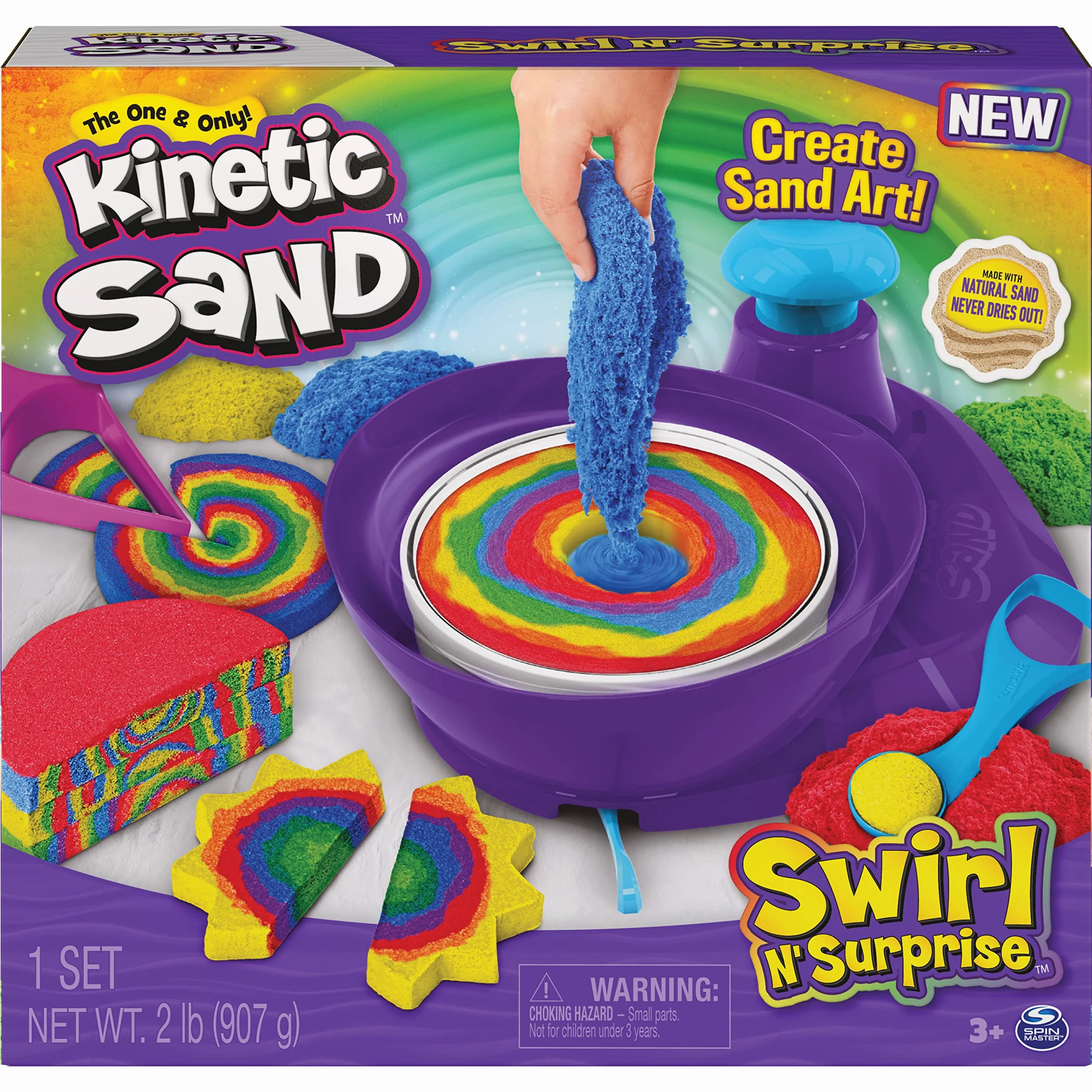 Kinetyczny piasek, zestaw Swirl N’ Surprise z piaskiem do zabawy, w tym czerwonym, niebieskim, zielonym, żółtym i 4 narzędziami, zabawki sensoryczne dla dzieci w wieku 3 lat i starszych