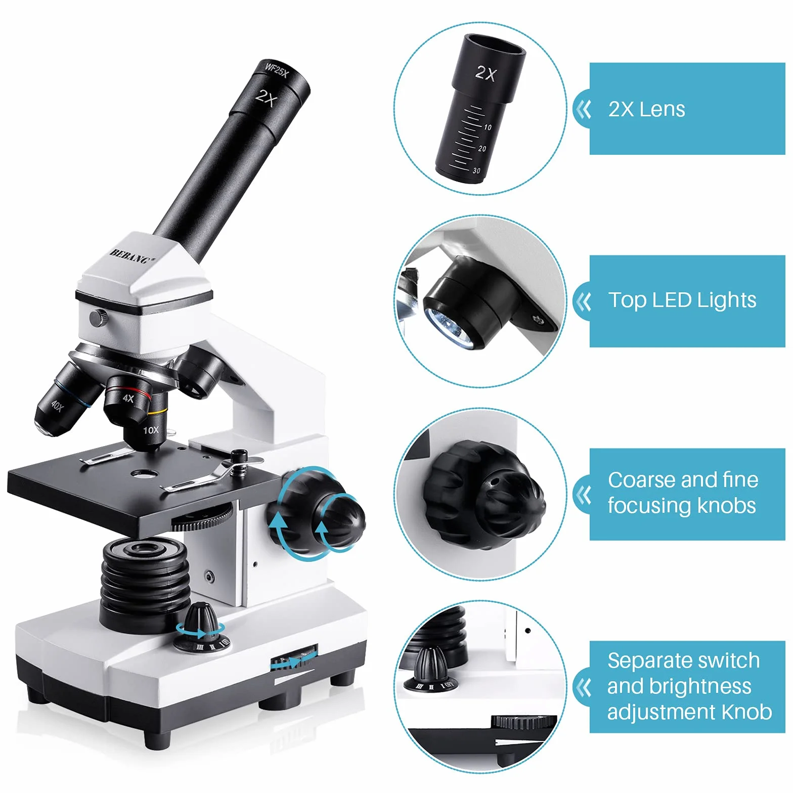 BEBANG 100X-2000X Mikroskop dla dzieci dorosłych, profesjonalny mikroskop biologiczny dla studentów szkolnych laboratorium