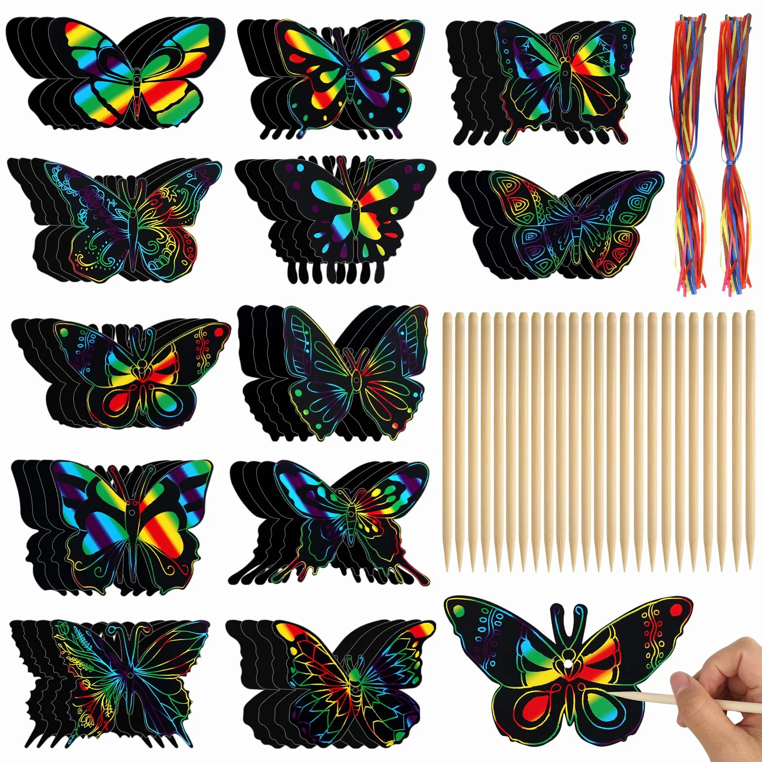 48 sztuk obrazków do zdrapywania motyli, 12 stylów, magiczny papier do zdrapywania, tęczowy obraz z drewnianymi patyczkami i wstążką, do majsterkowania, dekoracji na imprezę